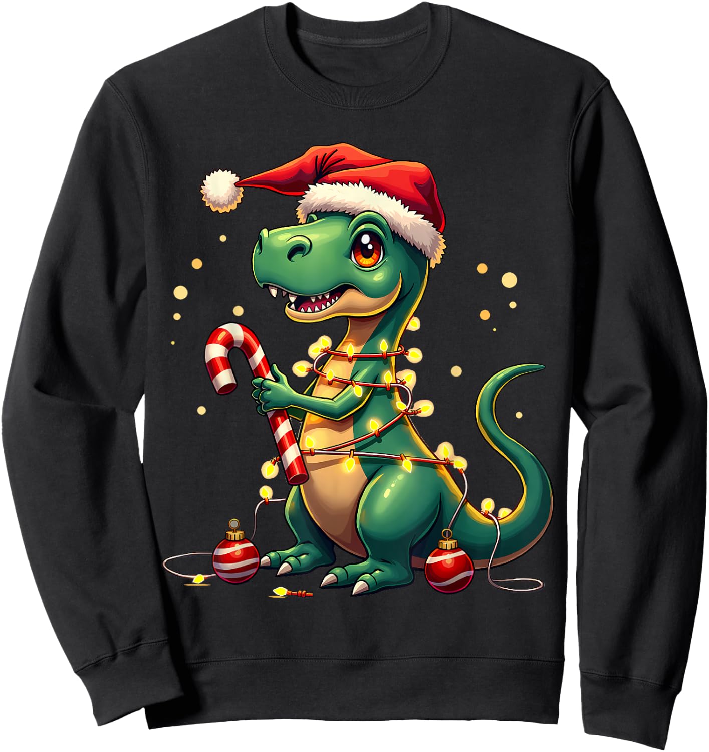 Cute Christmas T-Rex Shirt Dinosaur Lights & Candy Cane Sweatshirt - Sweatshirt | Black
