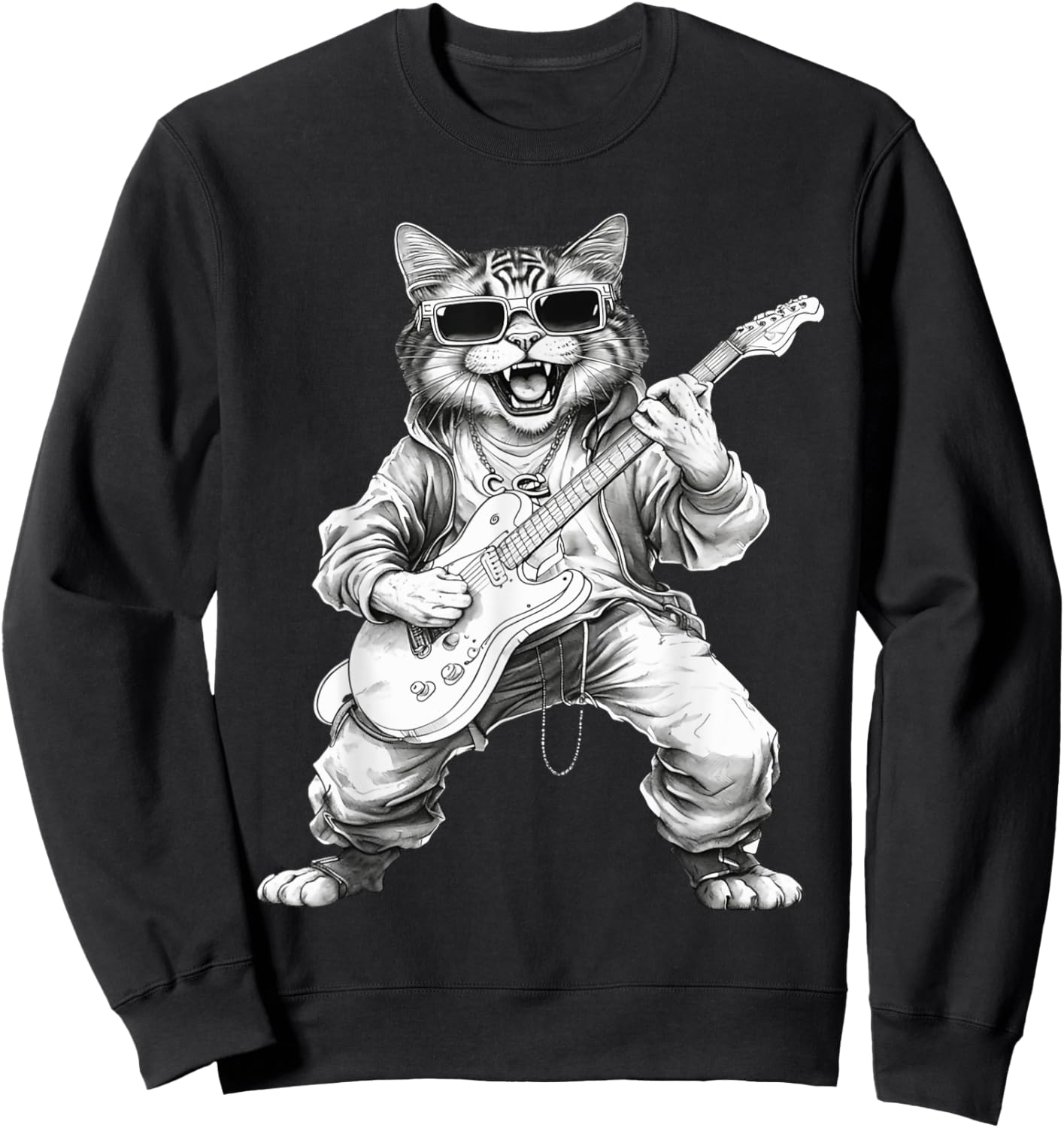 Rock Cat Playing Guitar Funny Guitar Cat Wearing Sunglasses Women Kids Sweatshirt - Sweatshirt | Black