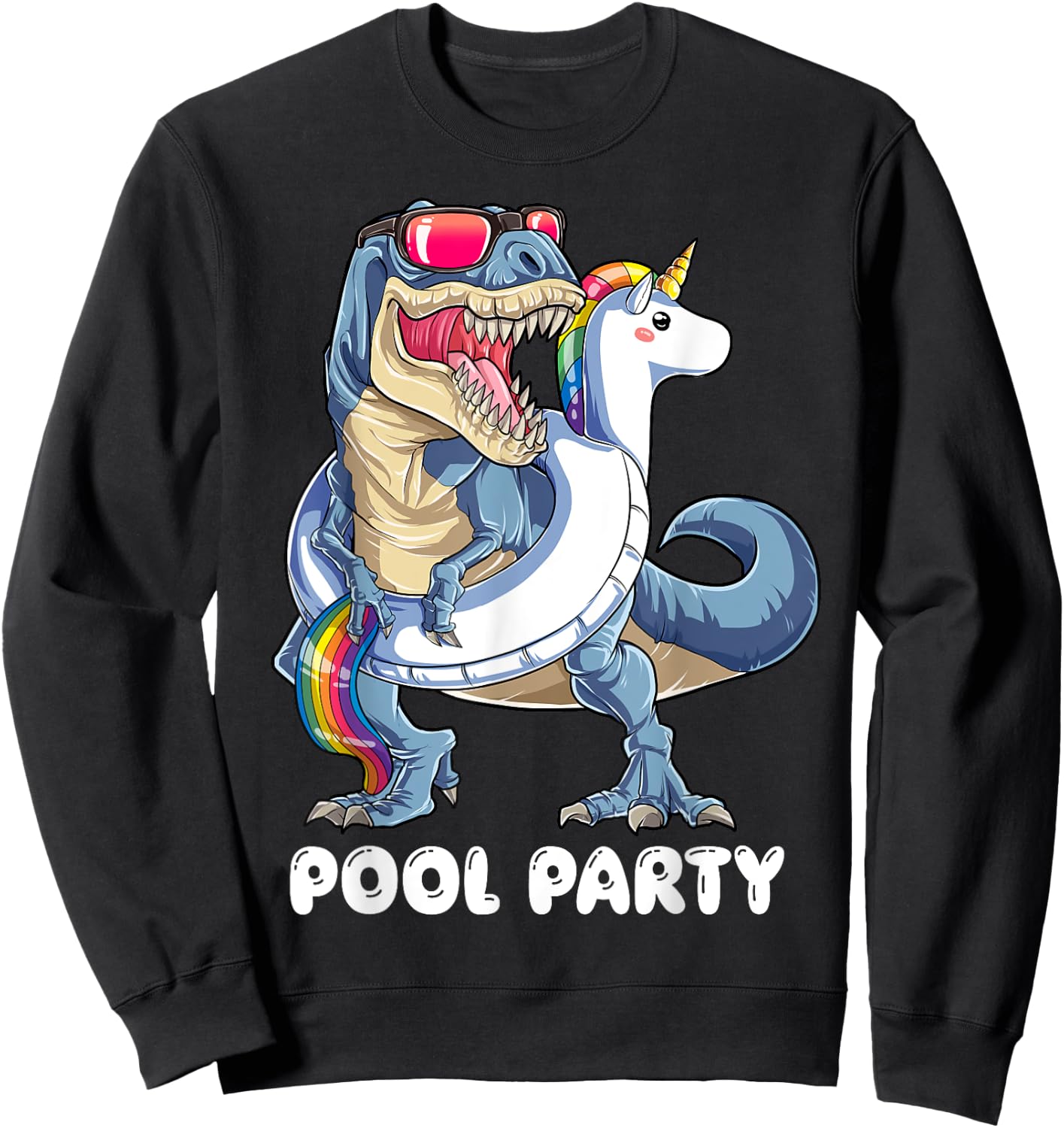 Pool Party Dinosaur Unicorn T shirt T rex Float Rainbow Gift Sweatshirt - Sweatshirt | Black