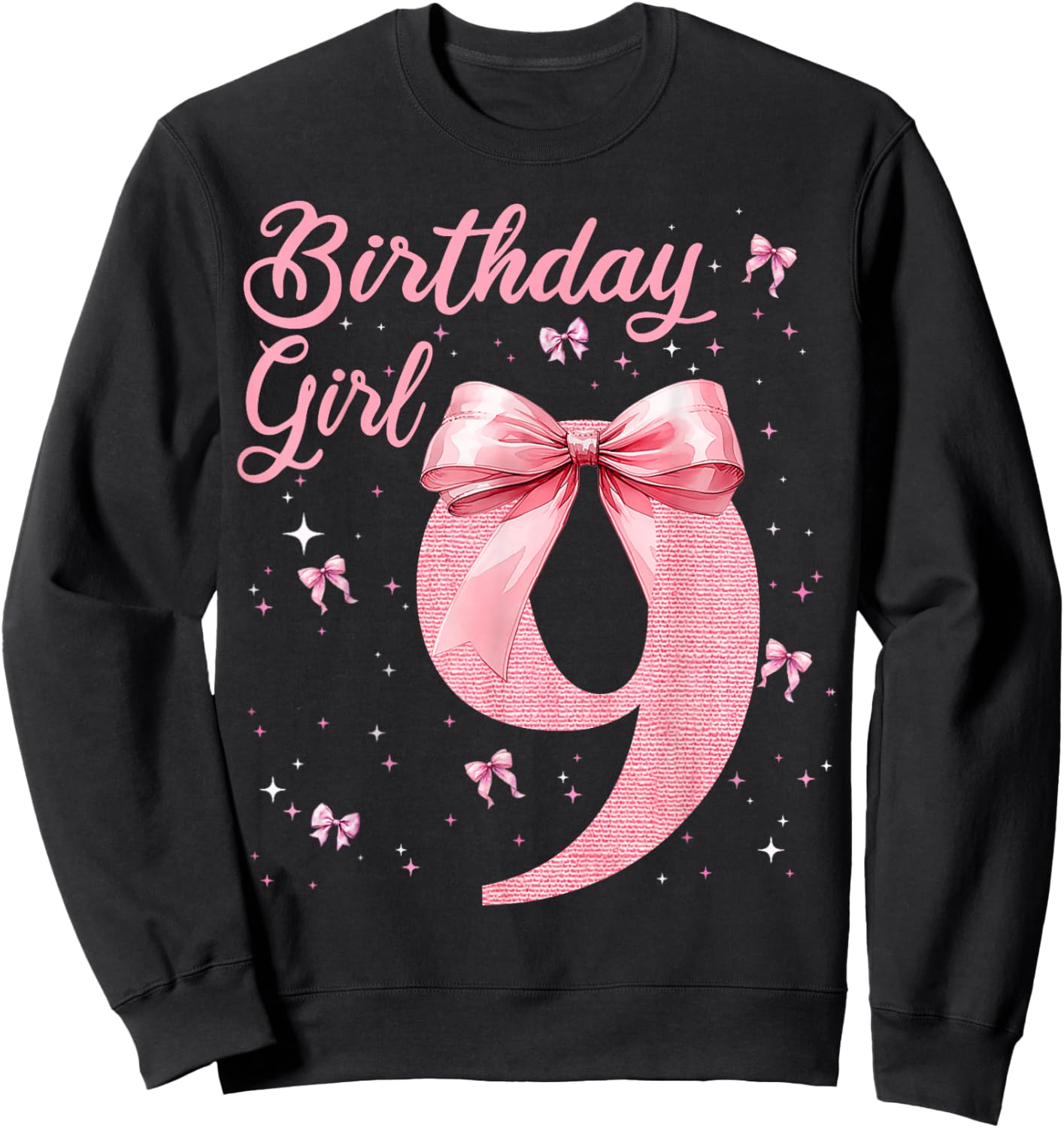 Kids 9th Birthday Girl Coquette Bow Theme 9 Year Old Girls Sweatshirt - Sweatshirt | Black