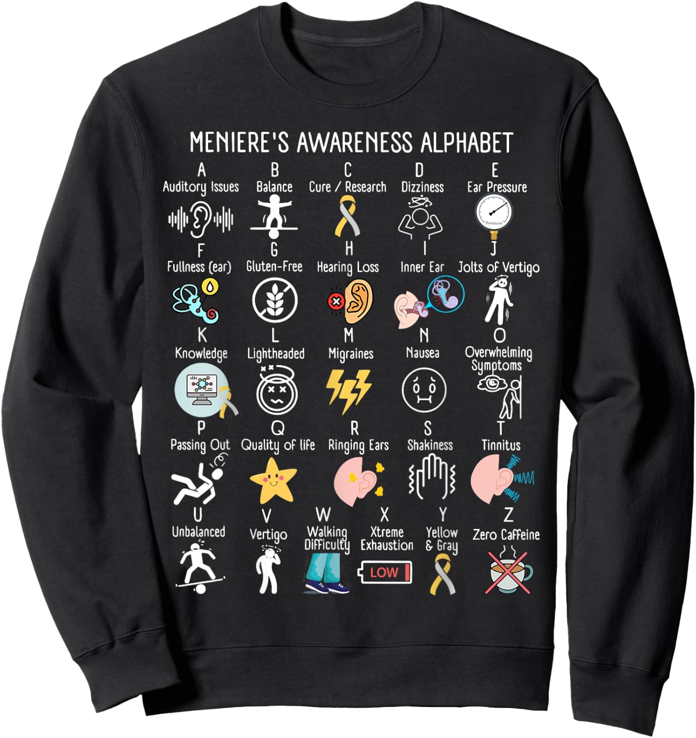 Menieres Awareness Alphabet Meniere's Disease Awareness Sweatshirt - Sweatshirt | Black