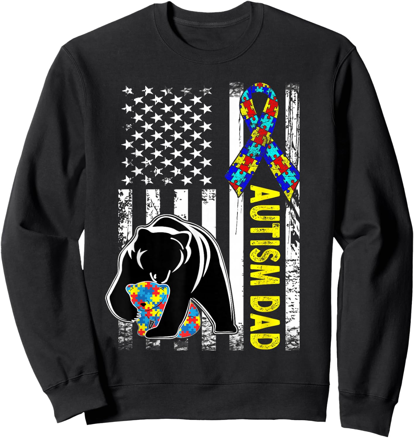 Dad Autism Awareness American Flag Fathers Day Daddy Small Sweatshirt - Sweatshirt | Black
