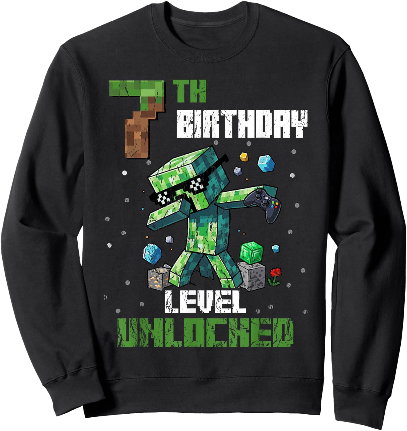 7th Birthday Level Unlocked Pixel Dab 7 Bday Gamer Kids Boys Sweatshirt - Sweatshirt | Black