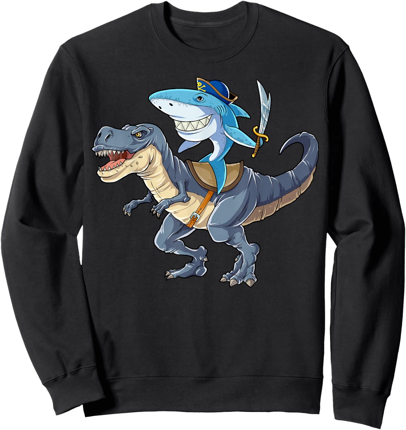 Shark Riding Dinosaur T rex T Shirt Pirate Jawsome Kids Sweatshirt - Sweatshirt | Black