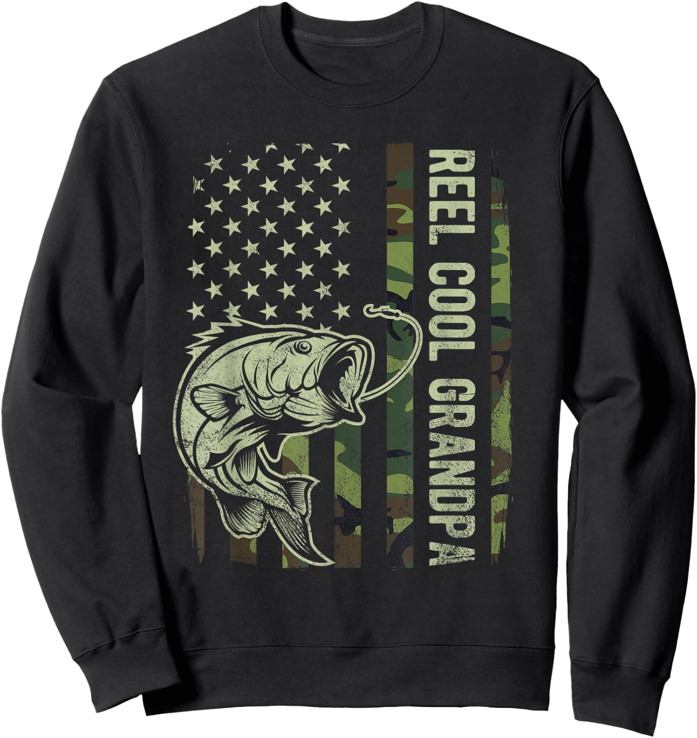 Reel Cool Grandpa Camouflage American Flag Fathers Day Sweatshirt - Sweatshirt | Black
