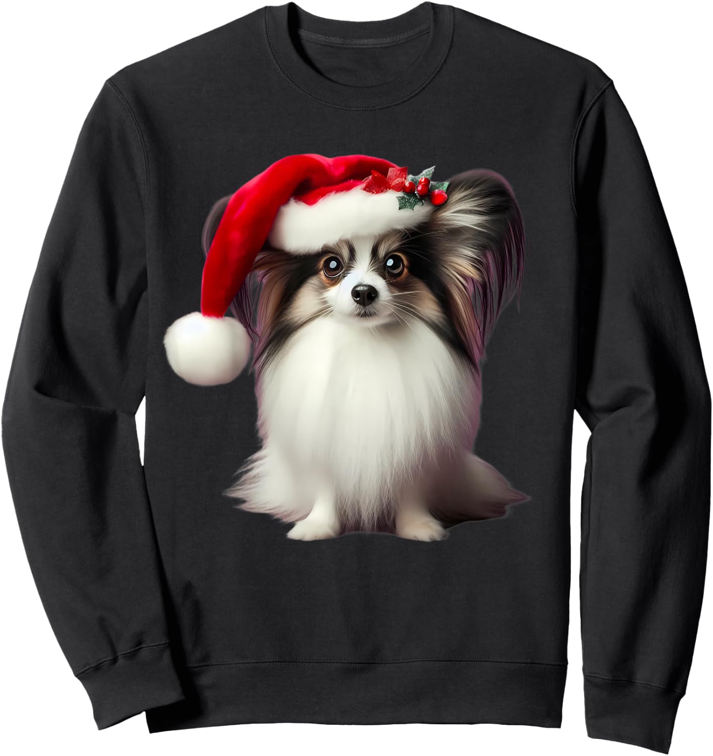 Papillion With Santa Hat Christmas Xmas Dog Owner Mom Dad Sweatshirt - Sweatshirt | Black
