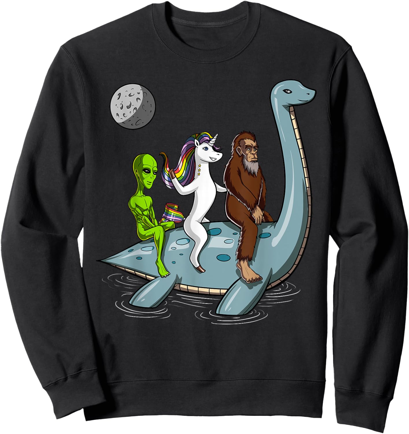 Alien Bigfoot Unicorn Riding Loch Ness Monster Cryptozoology Sweatshirt - Sweatshirt | Black