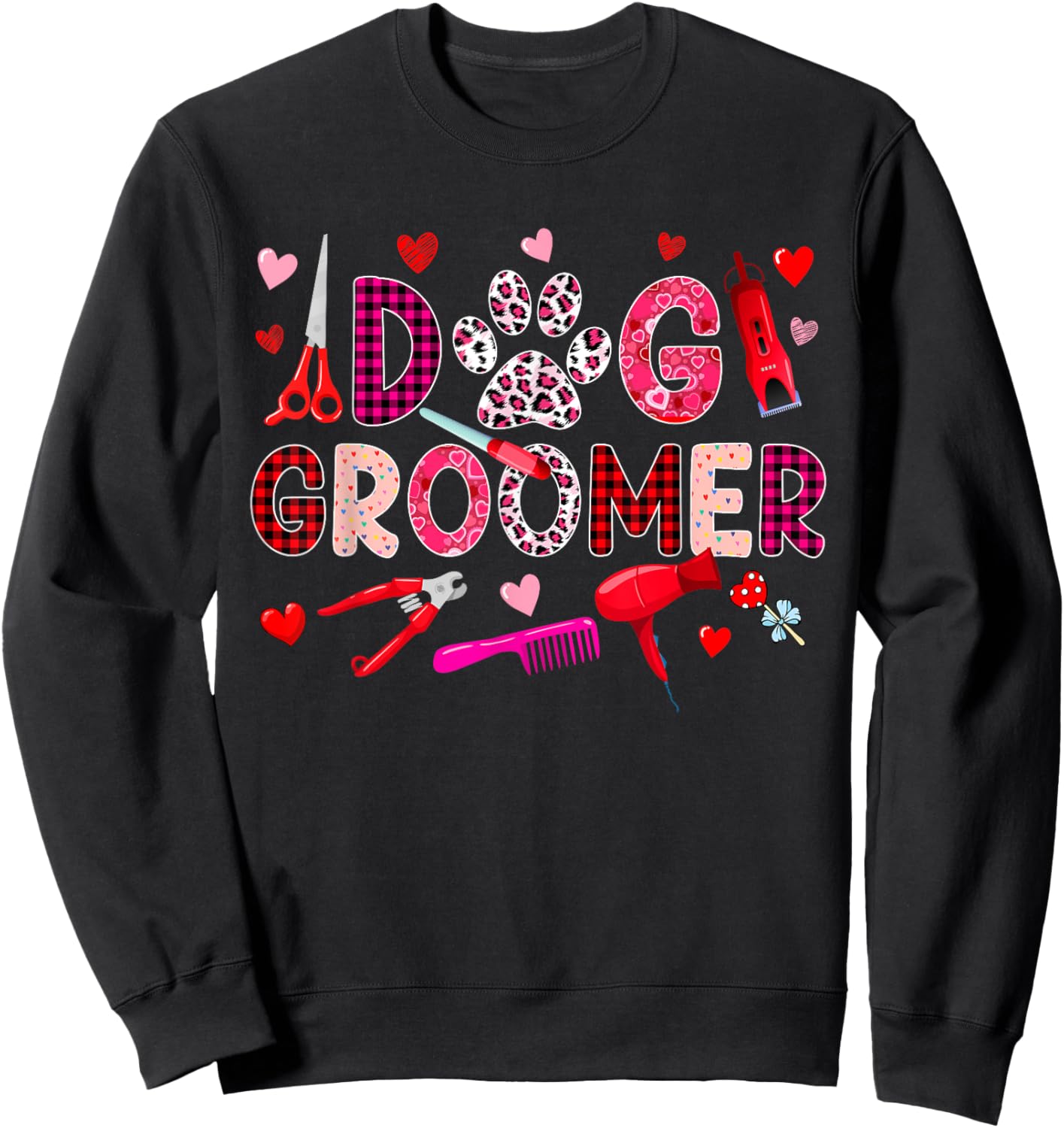 Dog Groomer Tools Valentine's Day Leopard Cute Hearts Sweatshirt - Sweatshirt | Black