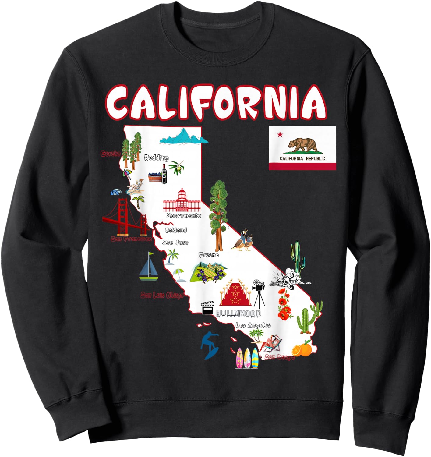 Map of California Landmarks, Major Cities, Flag Sweatshirt - Sweatshirt | Black