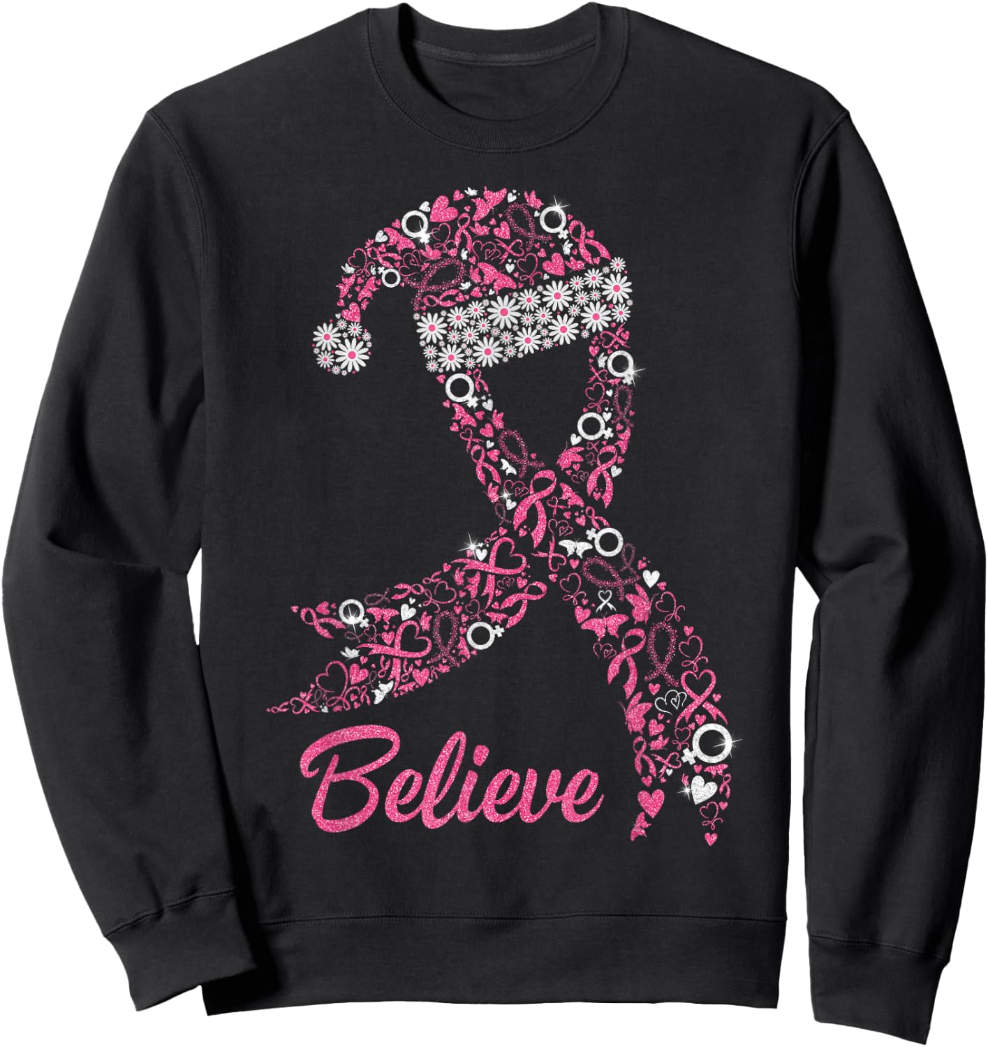 Pink Ribbon Santa Hat Breast Cancer Awareness Christmas Day Sweatshirt - Sweatshirt | Black