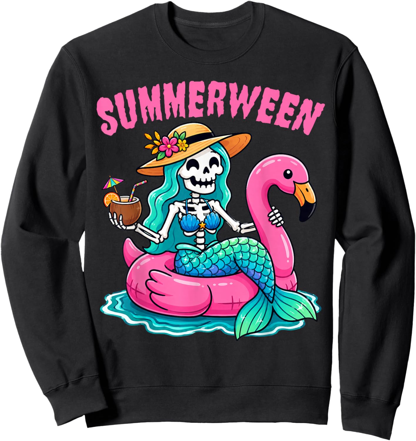 Summerween Skeleton Mermaid Beach Flamingo Halloween Girl Sweatshirt - Sweatshirt | Black