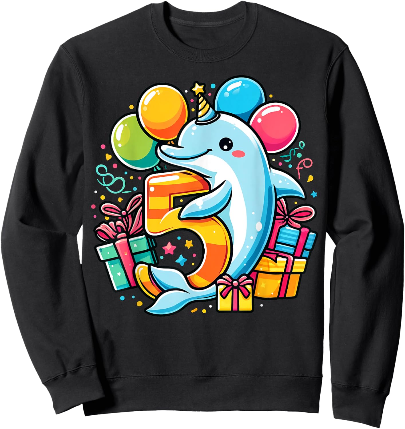 Kids Dolphin Theme fifth Bday Party 5th Dolphin Birthday Sweatshirt - Sweatshirt | Black