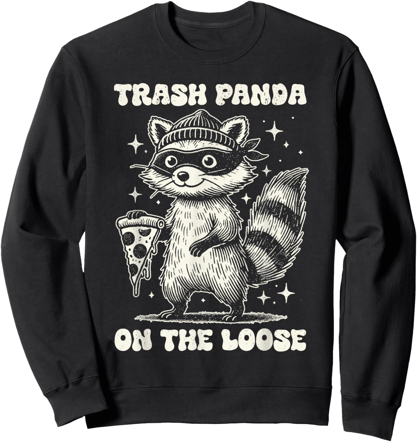 Adult Black Cartoon Trash Panda Pizza Lover Sweatshirt - Sweatshirt | Black