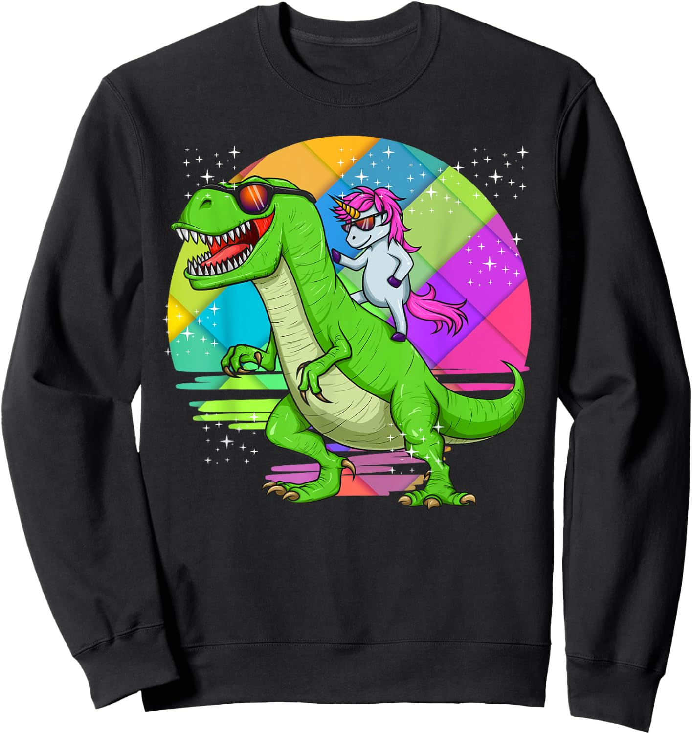 Unicorn Riding Dinosaur T Rex Rainbow Cute Fun Gift Sweatshirt - Sweatshirt | Black