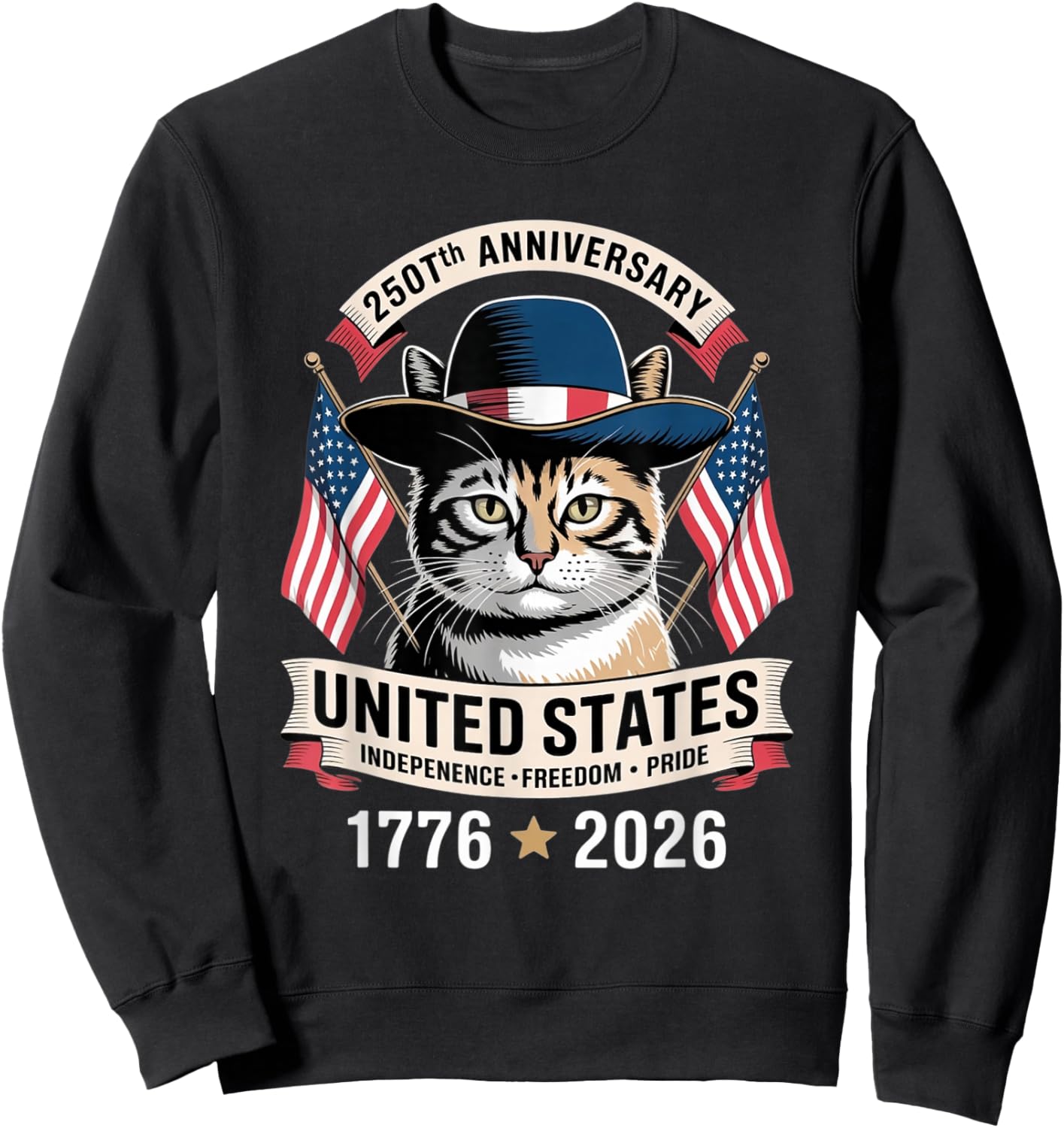 250th Anniversary America Patriotic USA Cat - 4th of July Sweatshirt - Sweatshirt | Black