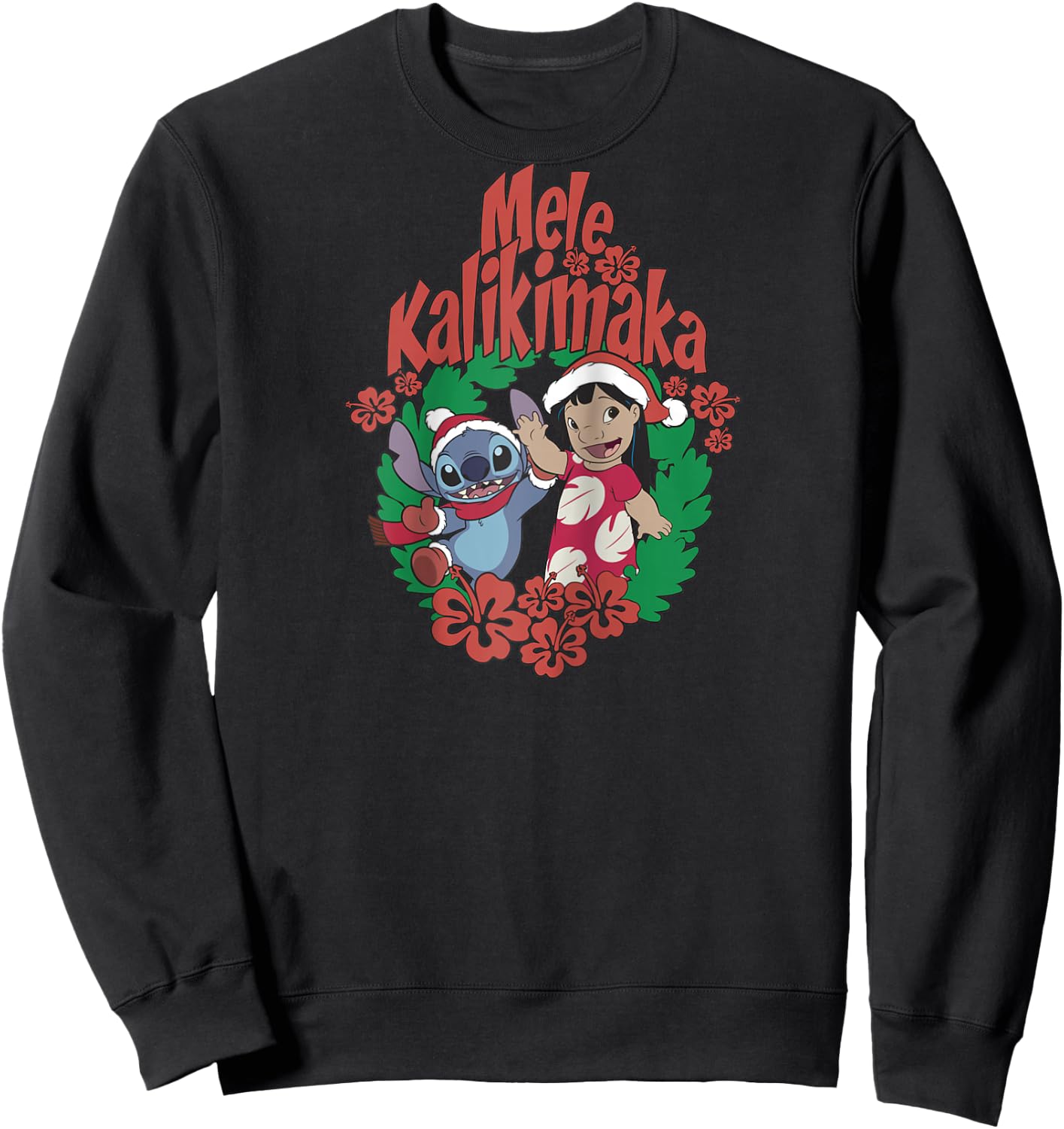 Disney Lilo & Stitch Christmas Mele Kalikimaka Wreath Raglan Baseball Sweatshirt - Sweatshirt | Black