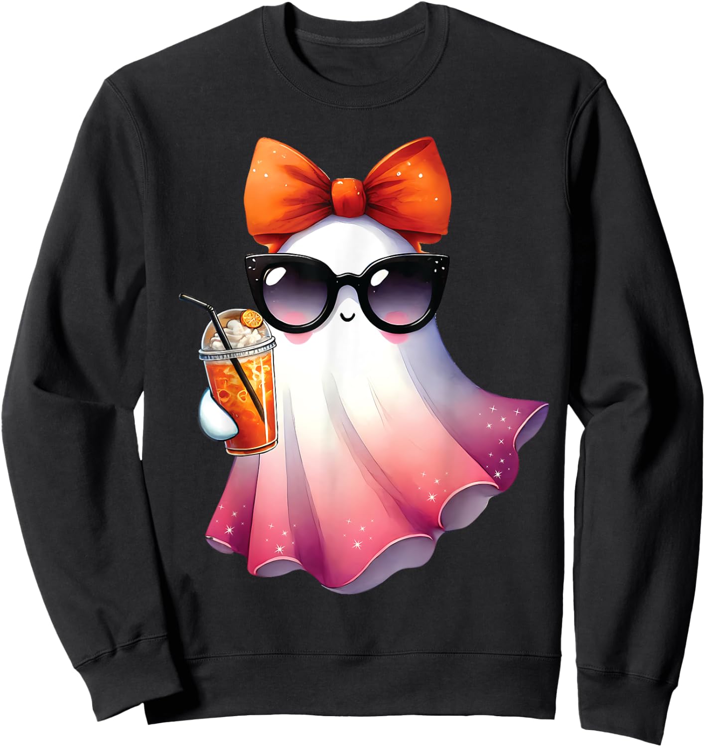 Cute Ghost Drinking Coffee With Halloween Bow Girls Sweatshirt - Sweatshirt | Black