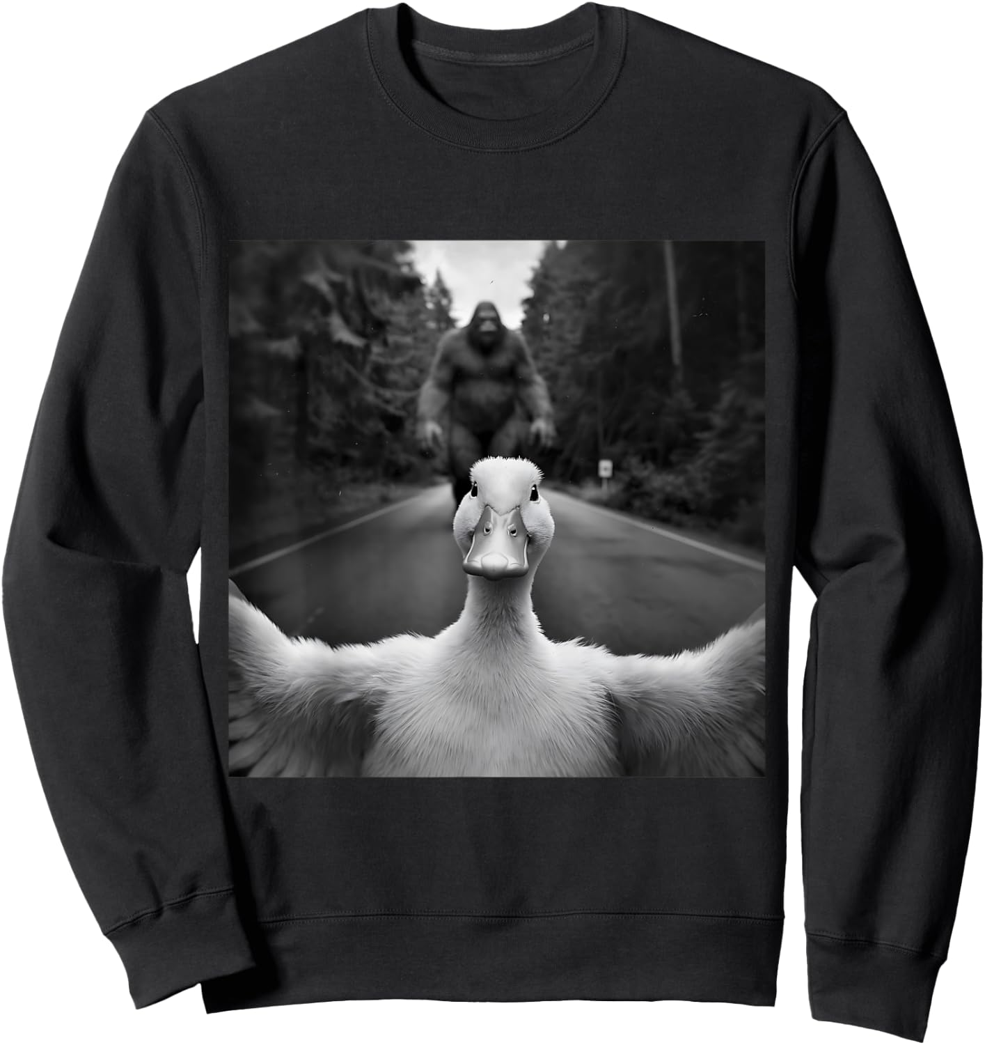 Scared Duck Selfie With Sasquatch Bigfoot, Funny Duck Sweatshirt - Sweatshirt | Black