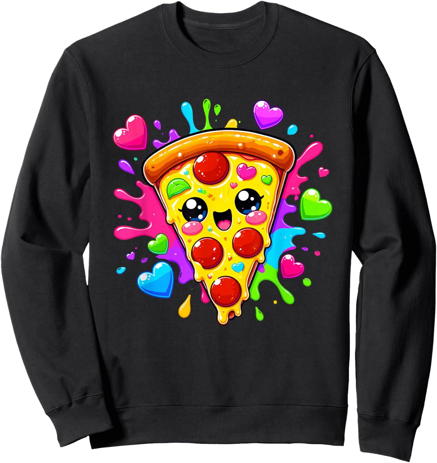 Cute Kawaii Pepperoni Pizza Slice Colorful Hearts Sweatshirt - Sweatshirt | Black