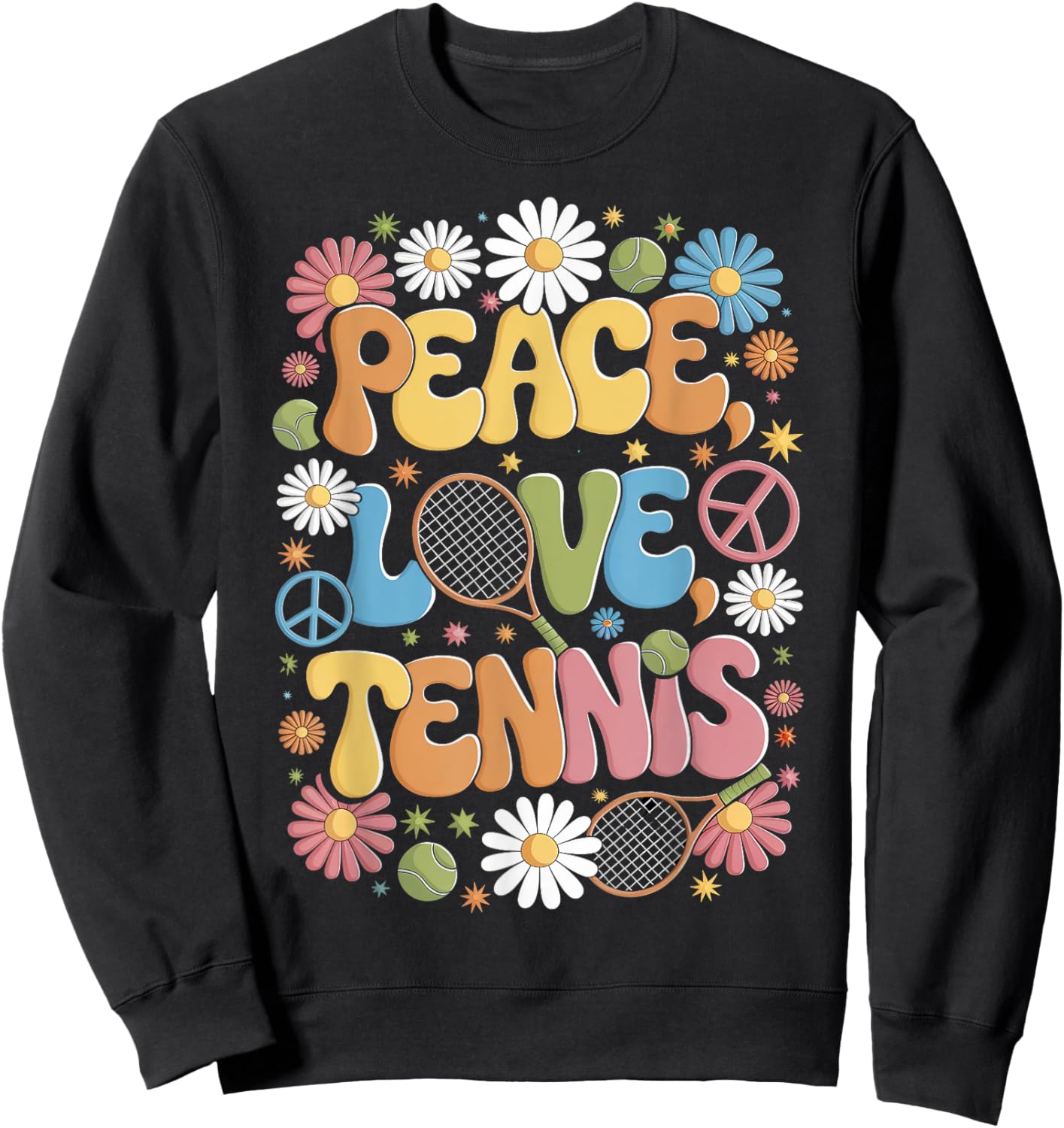 Peace Love Tennis 60s 70s Hippie Retro Tennis player Sweatshirt - Sweatshirt | Black