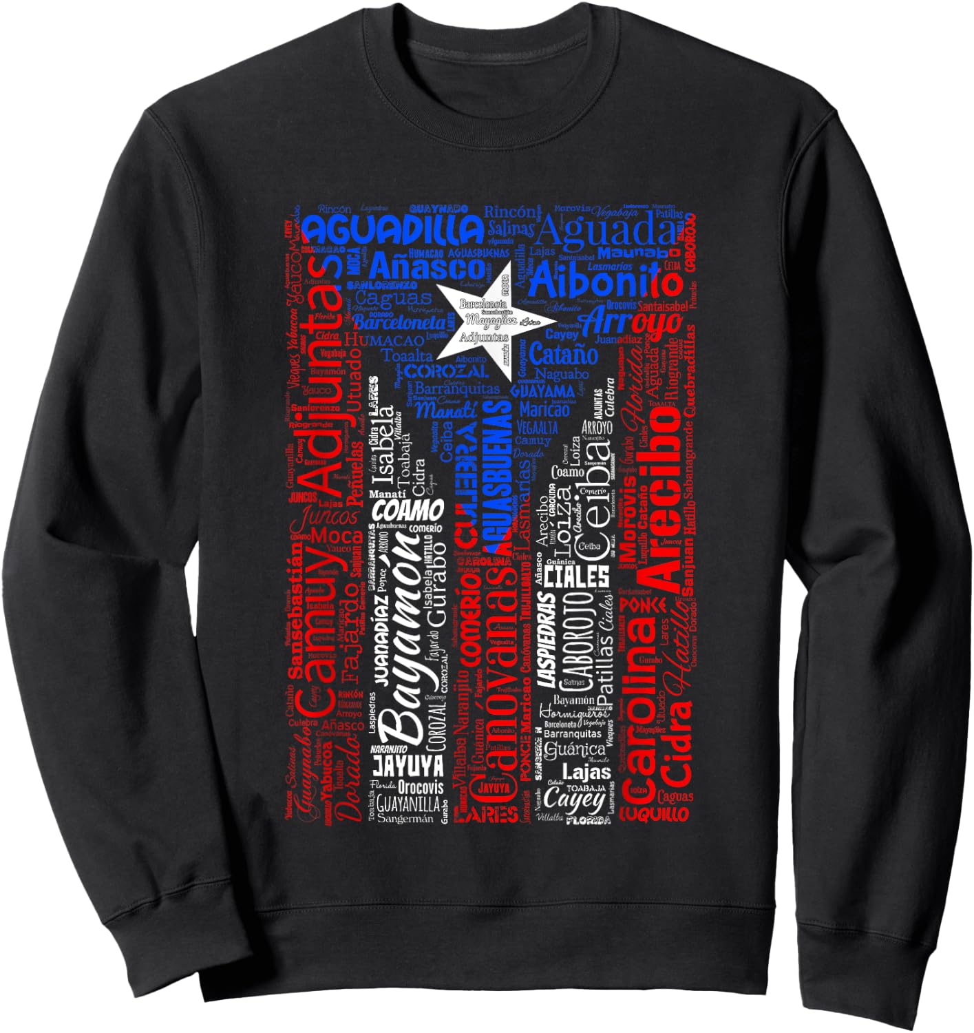 Puerto Rican Flag Shirt with Towns and Cities of Puerto Rico Sweatshirt - Sweatshirt | Black