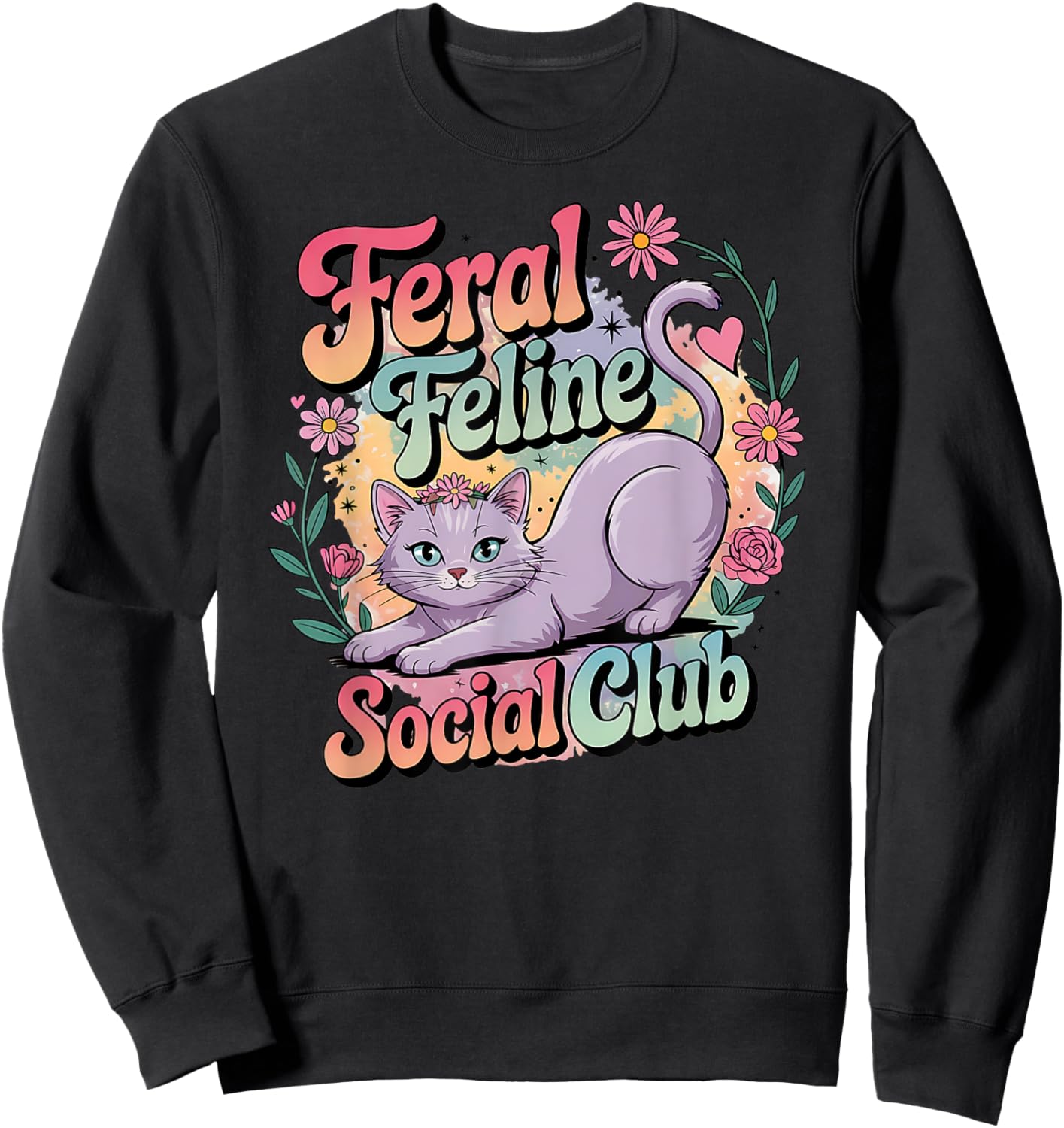 Feral Feline Social Club Pastel Cat & Girls Sweatshirt - Sweatshirt | Black