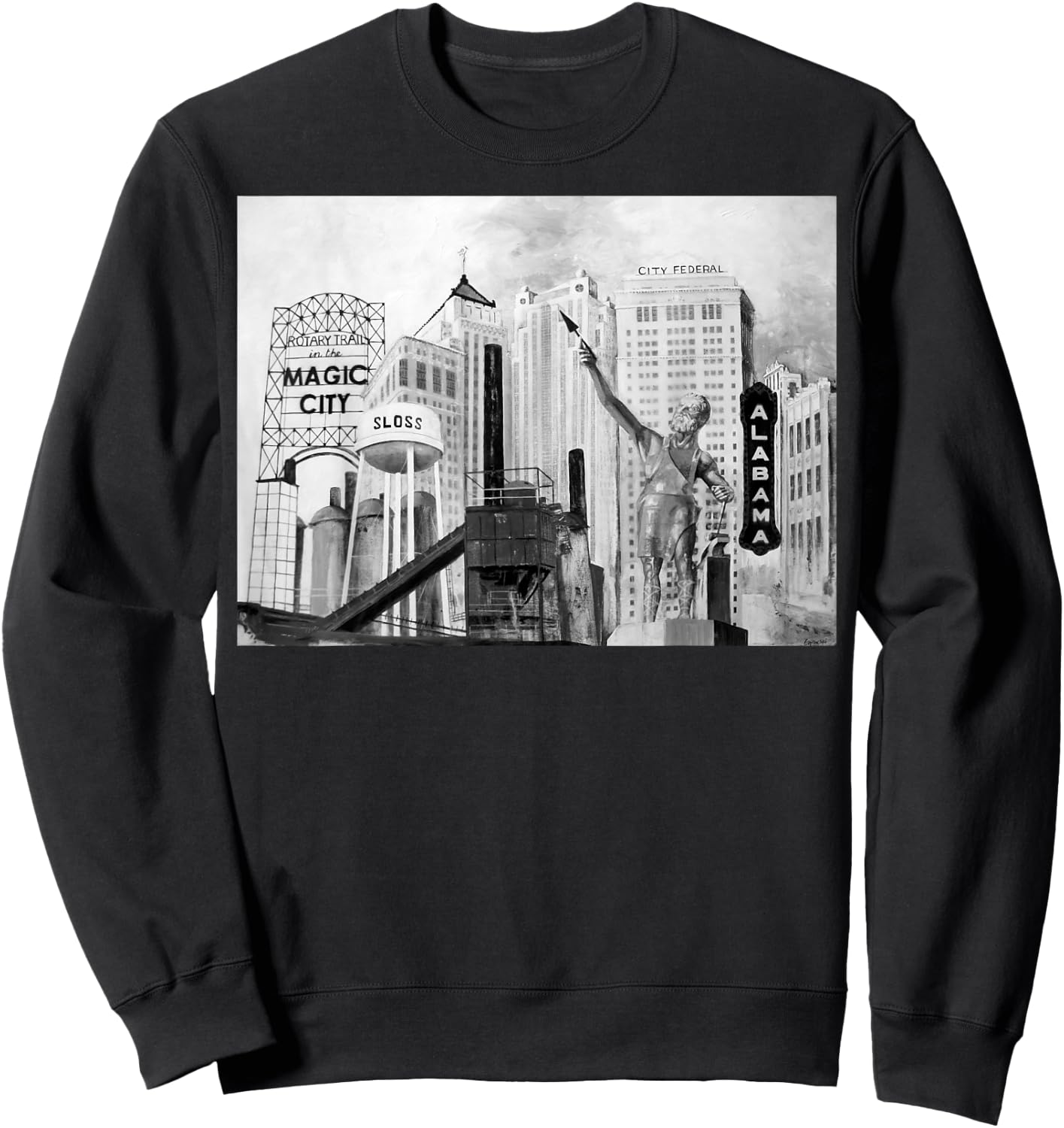 Landmarks of Birmingham, Alabama incl Vulcan, Sloss Furnaces Sweatshirt - Sweatshirt | Black