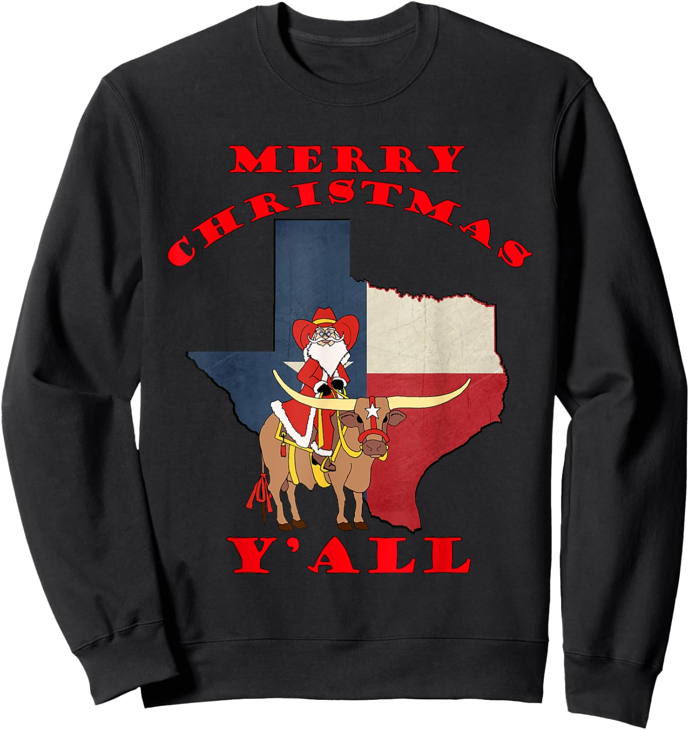 Texas Merry Christmas Y'all Santa On Bull Design Sweatshirt - Sweatshirt | Black
