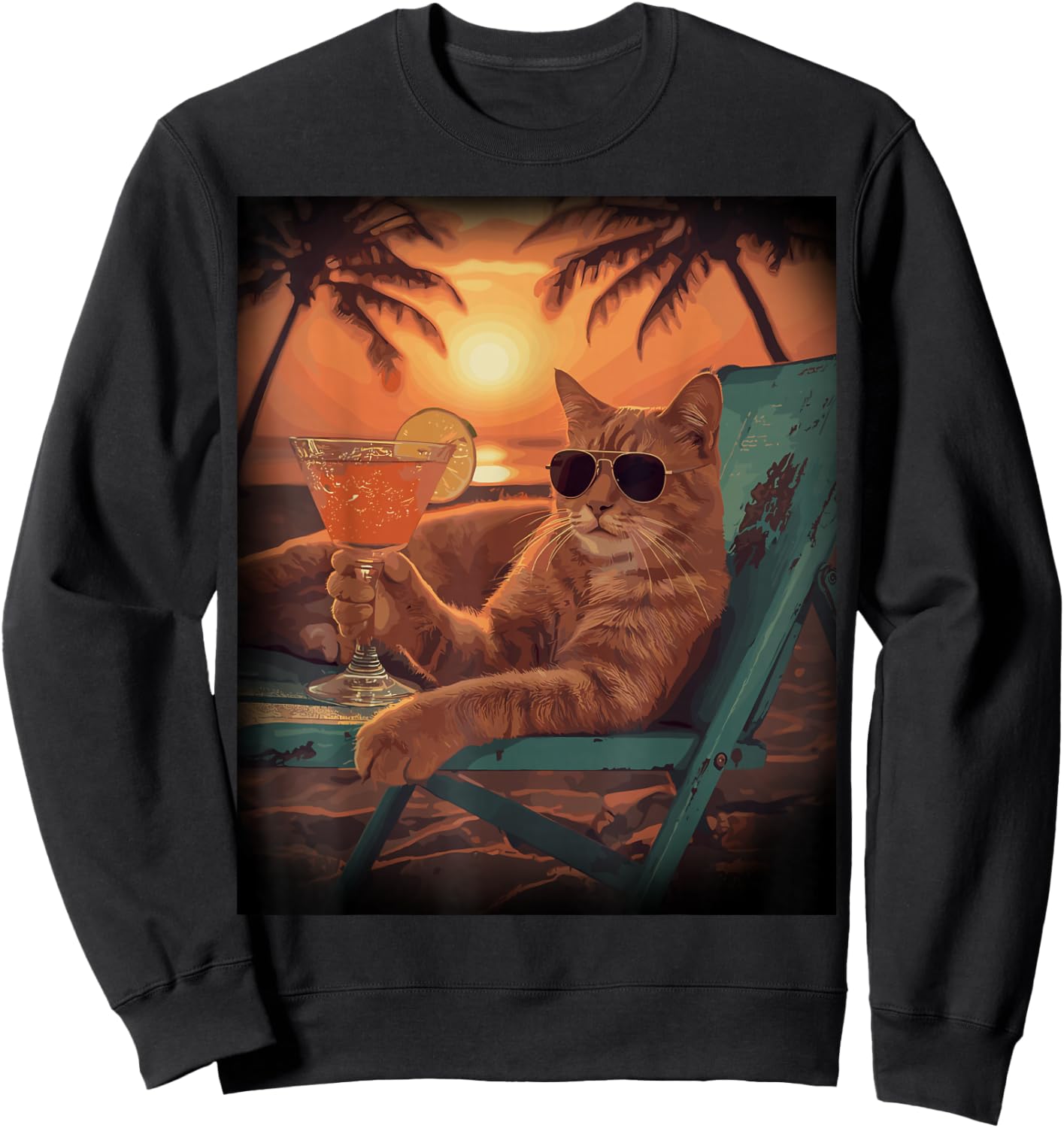 Chillin Cat Vacation Sun Glasses Beach Palm Tree Sweatshirt - Sweatshirt | Black