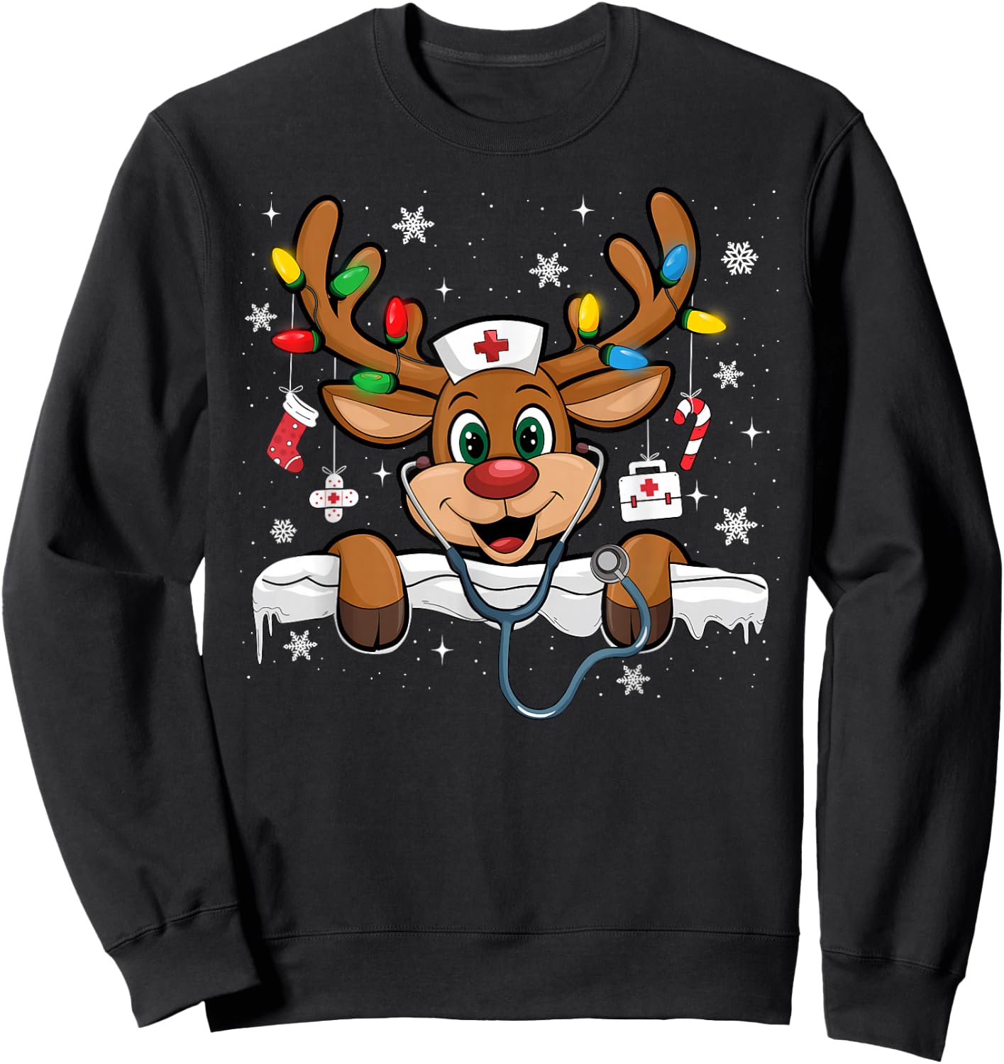 Nurse Christmas Reindeer Nursing NICU RN LPN Scrub Sweatshirt - Sweatshirt | Black
