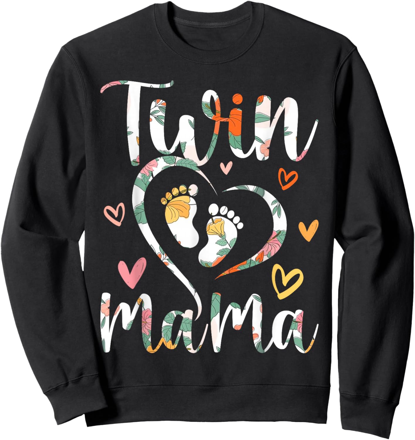 Floral Twin Mama Mom to Be Pregnant with Twins Sweatshirt - Sweatshirt | Black