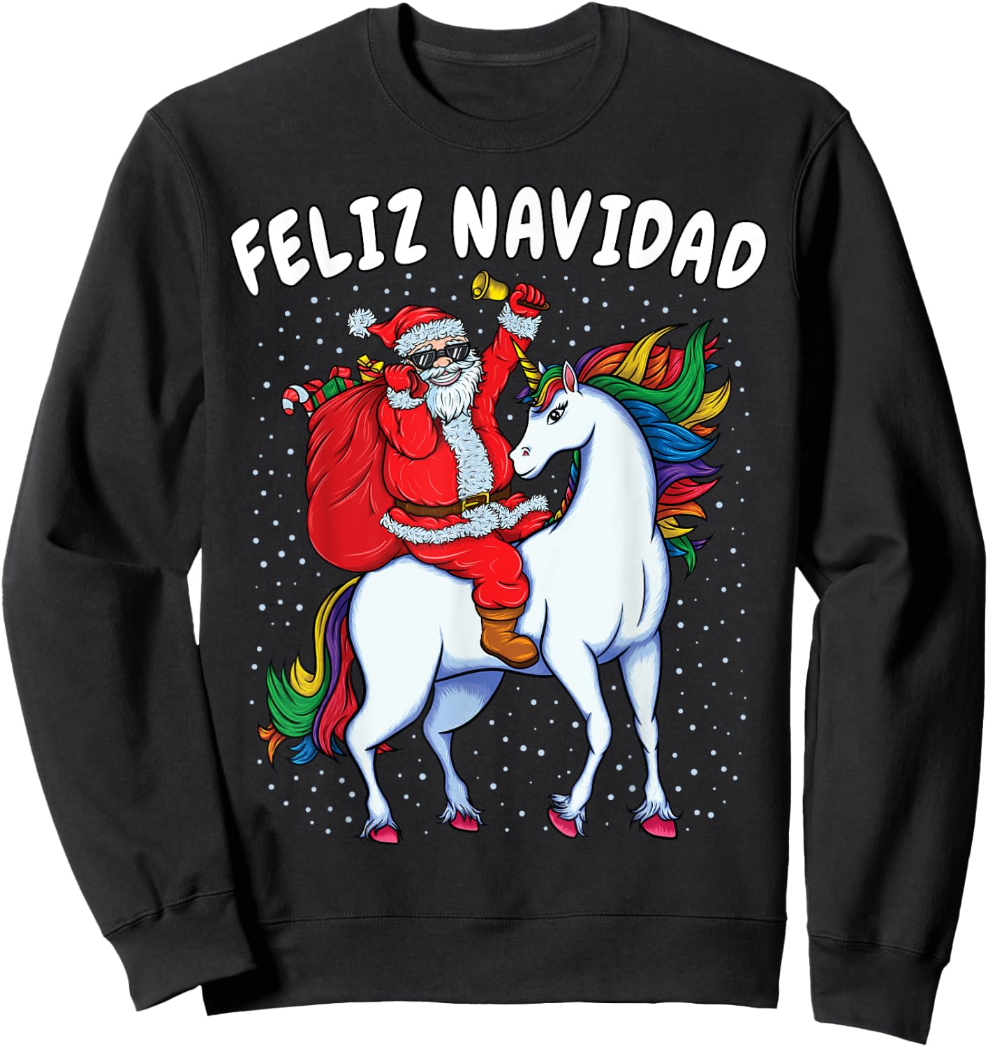 Santa Riding Unicorn Spanish Christmas Gift Feliz Navidad Sweatshirt - Sweatshirt | Black