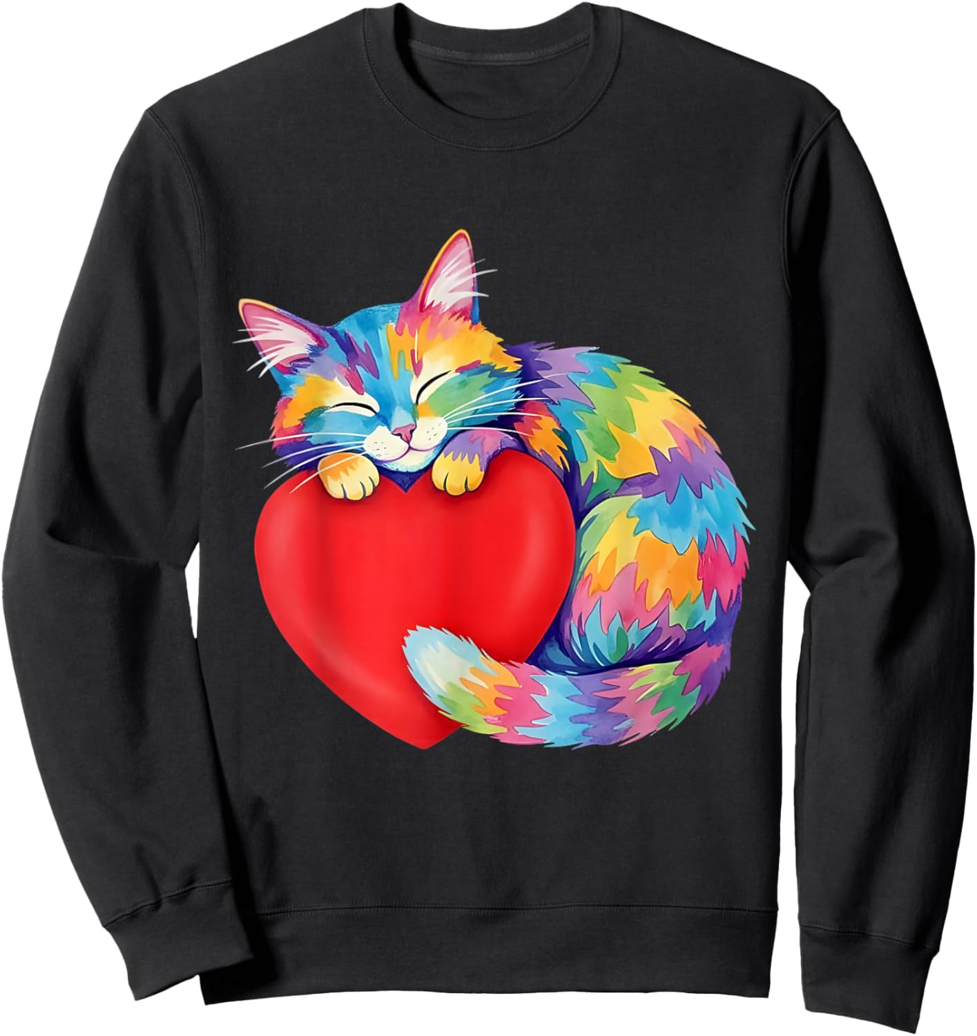 Color Rainbow Cute Cat Hug Valentine Heart Kitten Love Sweatshirt - Sweatshirt | Black
