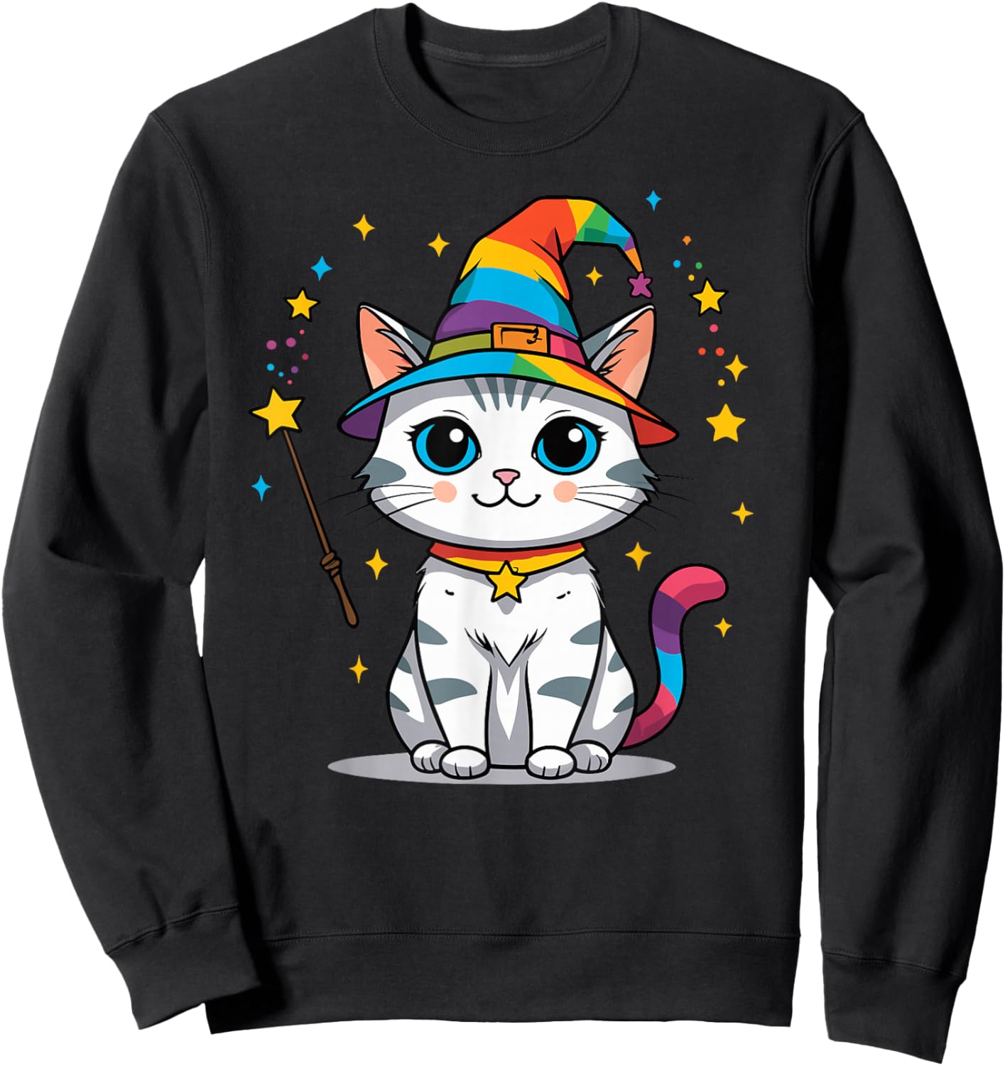 Cute Kawaii Wizard Cat Rainbow Witch Magic Sweatshirt - Sweatshirt | Black