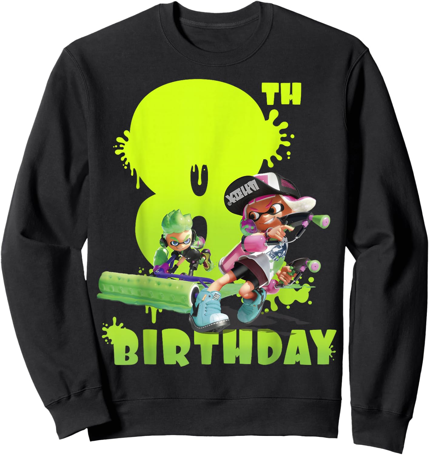 Splatoon Inkling 8th Birthday Green Splatter Portrait Sweatshirt - Sweatshirt | Black