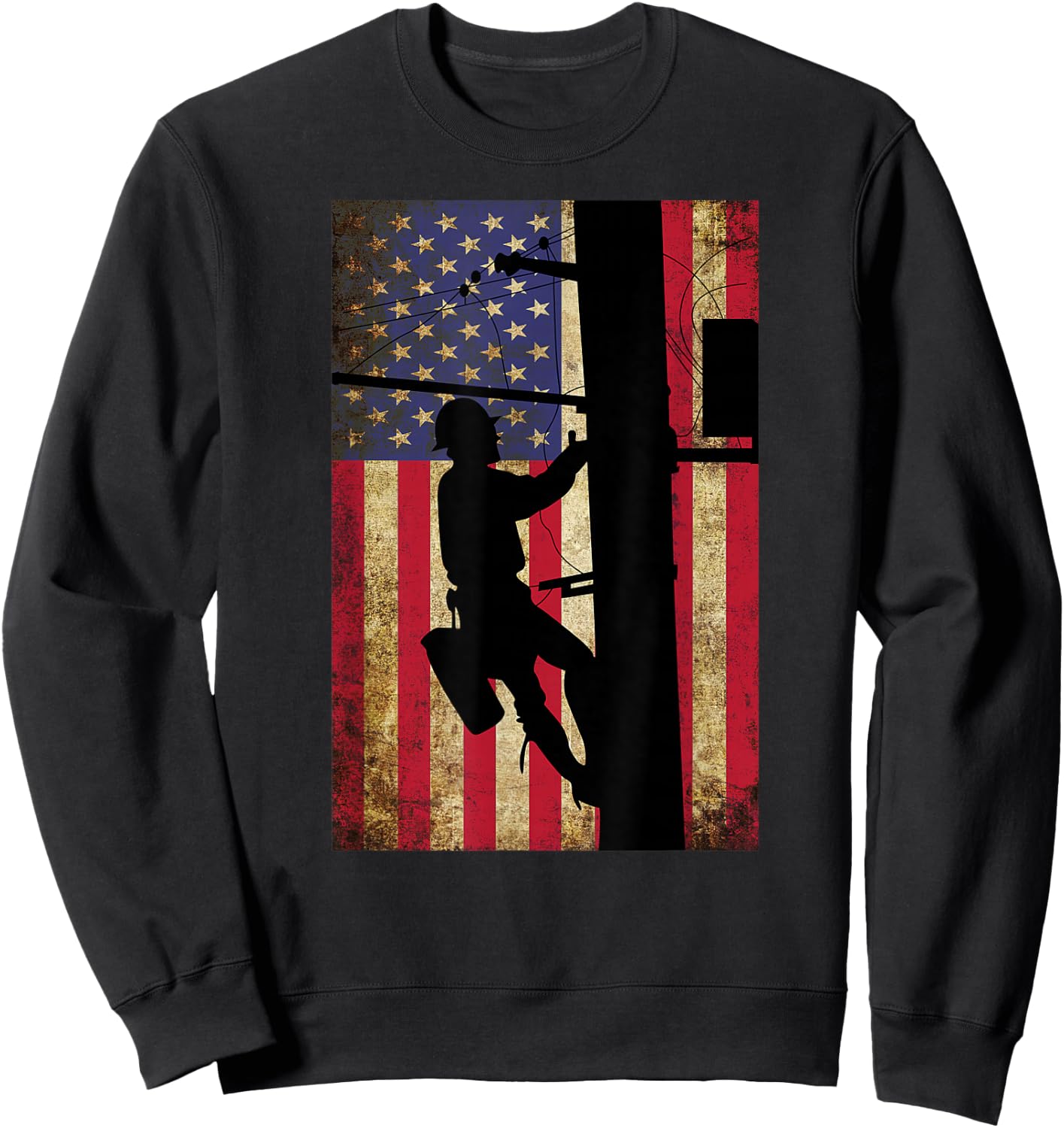 Lineman American Flag Shirt | Electric Cable Lineman Gift Sweatshirt - Sweatshirt | Black