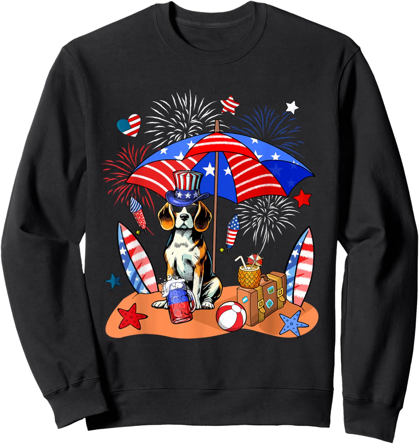 Beagle Sunglasses Relaxing On Beach 4th Of July US Flag Sweatshirt - Sweatshirt | Black