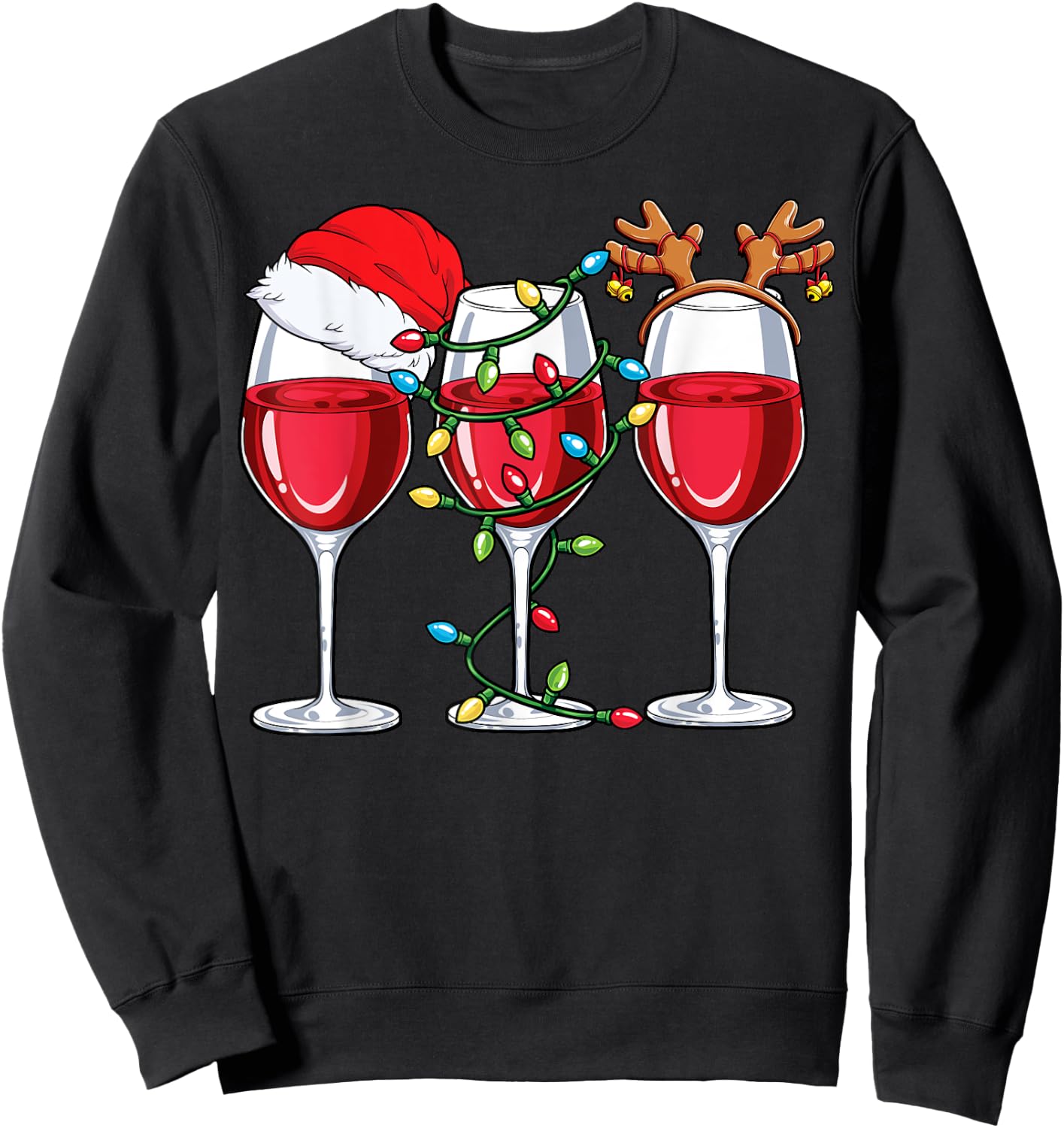 Wine Christmas Santa Hat Xmas Lights Reindeer Antlers Women Sweatshirt - Sweatshirt | Black