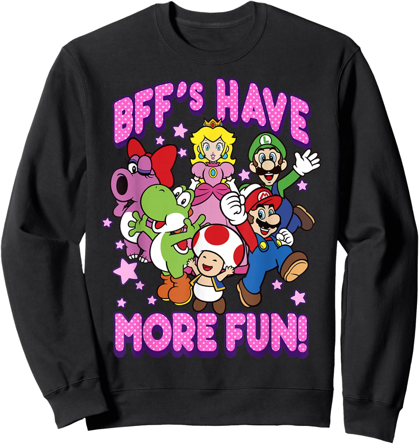 Super Mario BFF's Have More Fun Colorful Group Shot Sweatshirt - Sweatshirt | Black