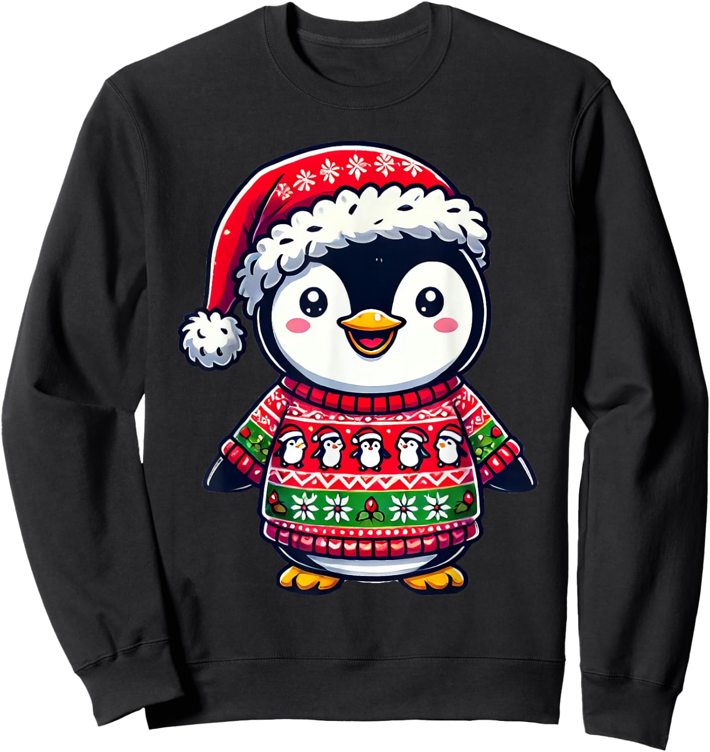 Penguin Ugly Sweater Santa Hat Christmas Sweatshirt - Sweatshirt | Black