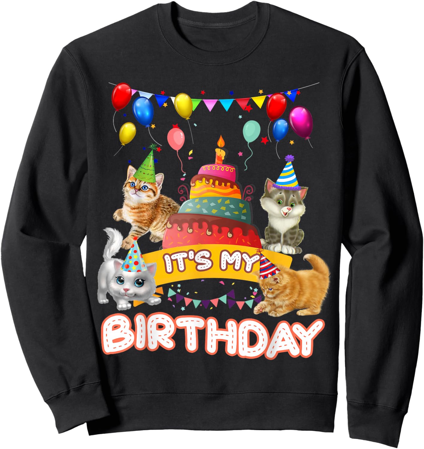 It's My Birthday Cat and Kitten Party Day Girl's and Boy's Small Sweatshirt - Sweatshirt | Black