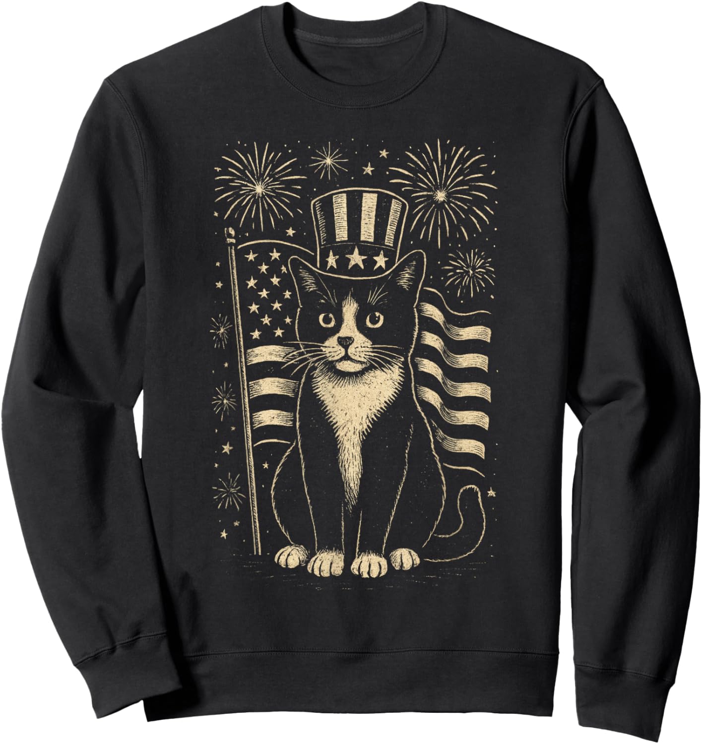 Vintage Tuxedo Cat 4th of July Patriotic Hat and Fireworks Sweatshirt - Sweatshirt | Black