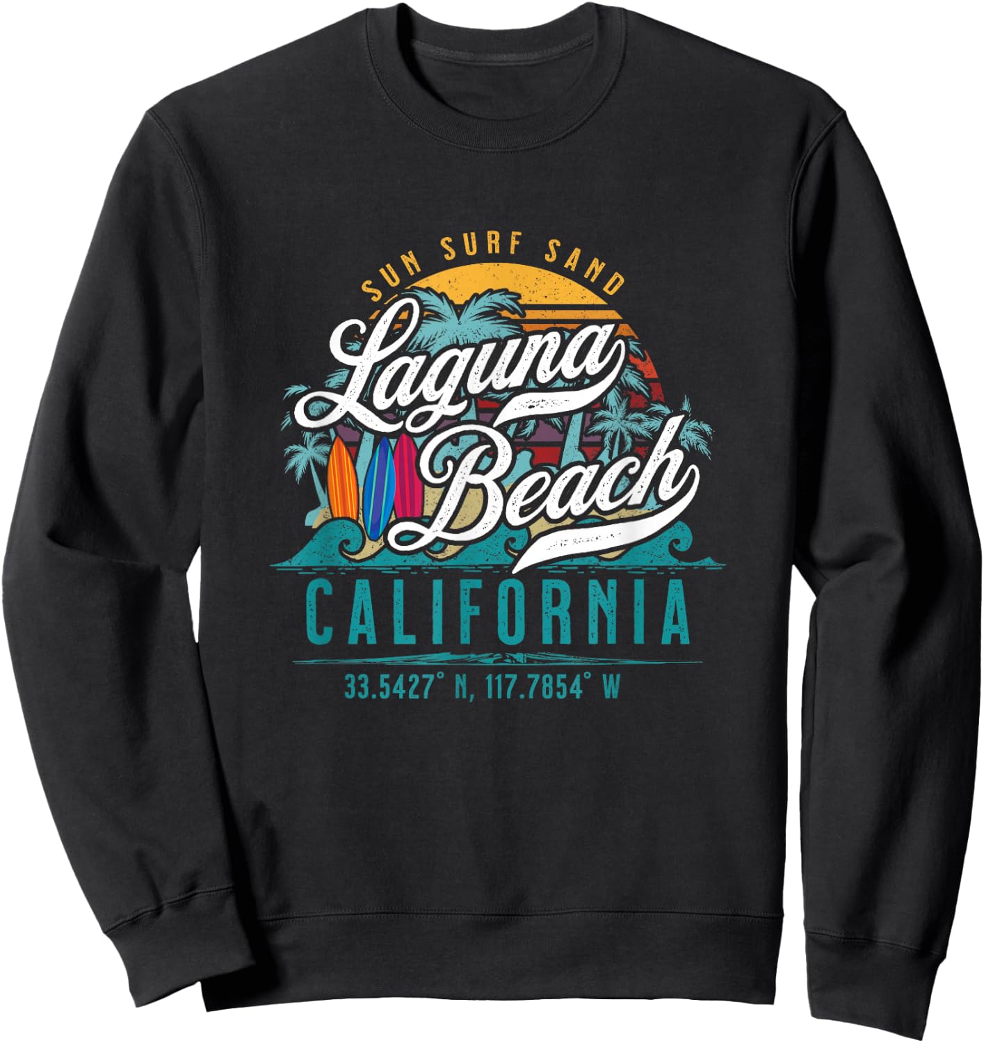Laguna Beach California USA Retro Sun Sand Surf Palm Trees Sweatshirt - Sweatshirt | Black