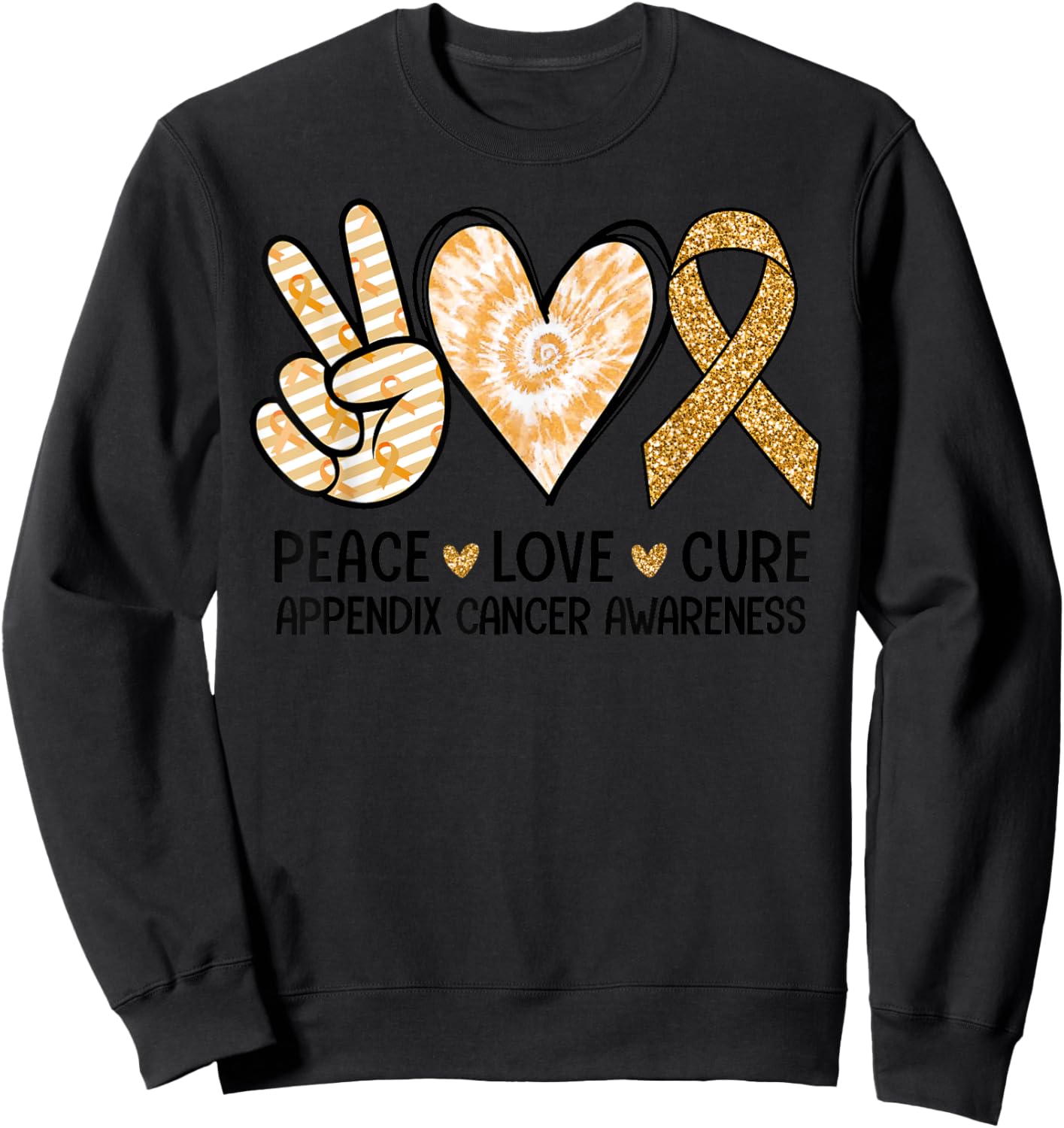 Retro Peace Love Cure Amber Ribbon Appendix Cancer Awareness Sweatshirt - Sweatshirt | Black