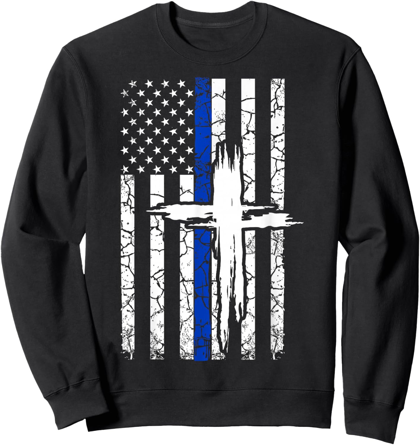 Thin Blue Line T Shirt with a Cross for Policemen & Families Sweatshirt - Sweatshirt | Black