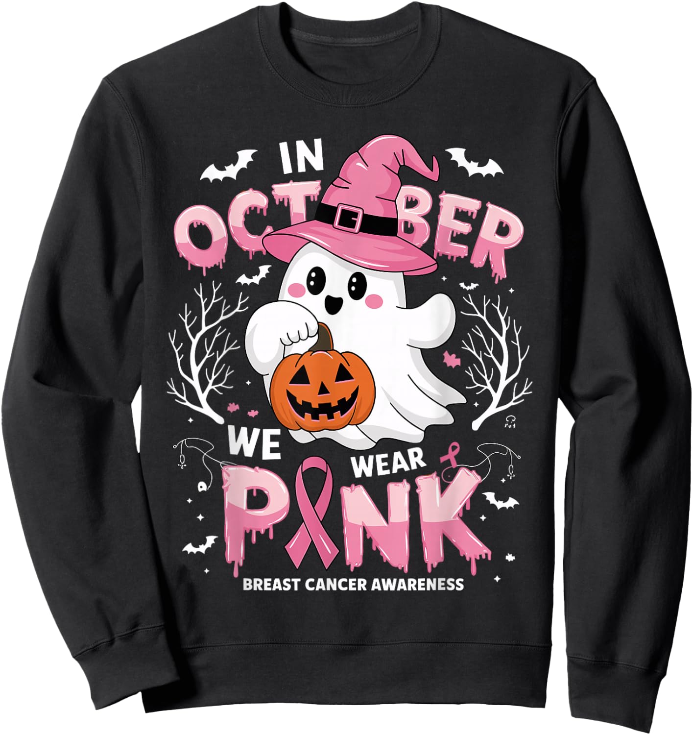 In October We Wear Pink shirt Ghost Breast Cancer Awareness Sweatshirt - Sweatshirt | Black