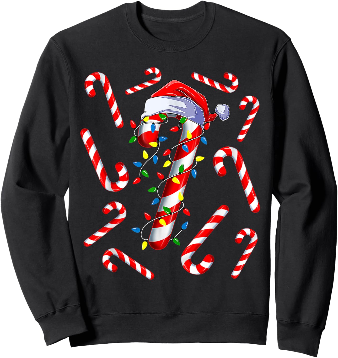 Red And White Candy Cane Santa Christmas Funny Xmas Lights Sweatshirt - Sweatshirt | Black