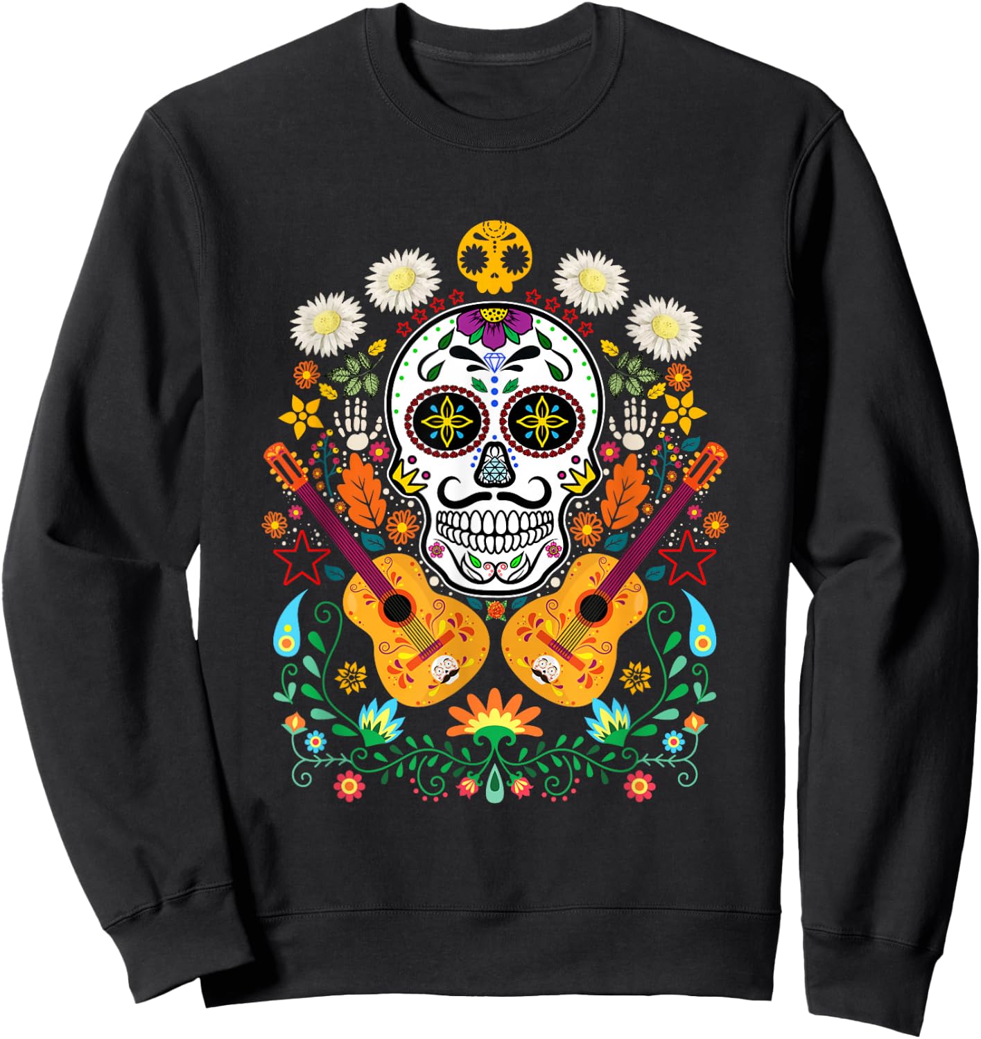Flower Guitar Skull Day of the Dead Gifts Mariachi Sweatshirt - Sweatshirt | Black