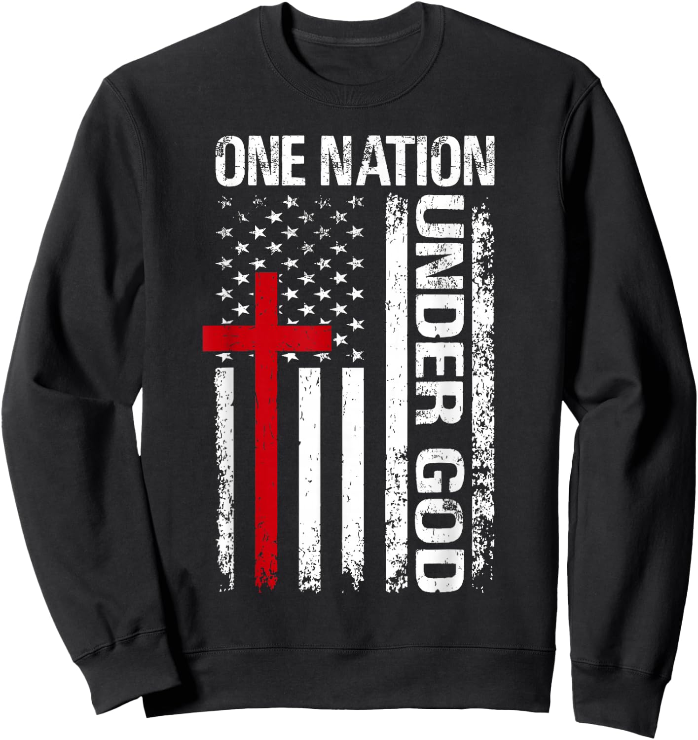 One Nation Under Vintage God Cross Christian American Flag Sweatshirt - Sweatshirt | Black