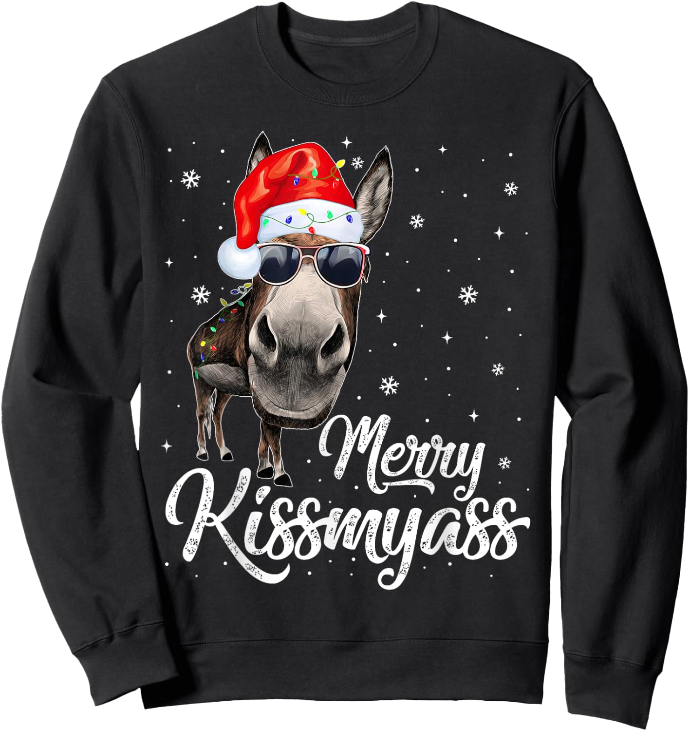 Merry Kissmyass Donkey Sarcastic Xmas Funny Pajama Christmas Sweatshirt - Sweatshirt | Black